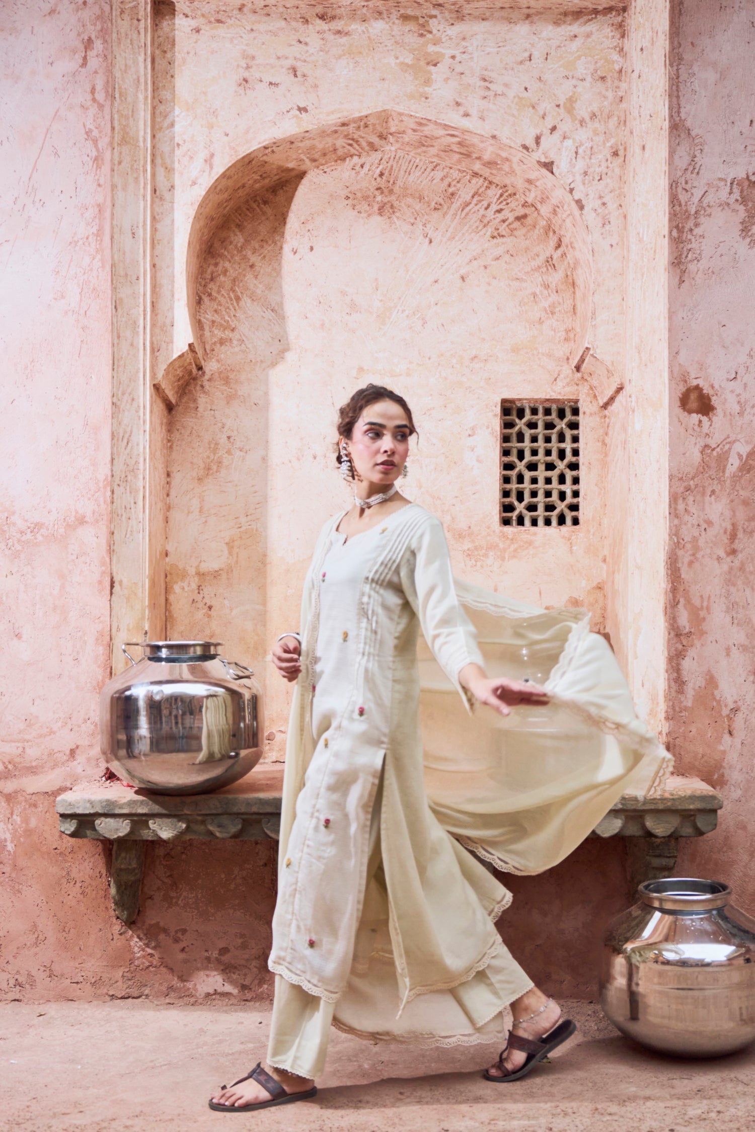 BEIGE KOTA DORIA EMBROIDERED SUIT SET