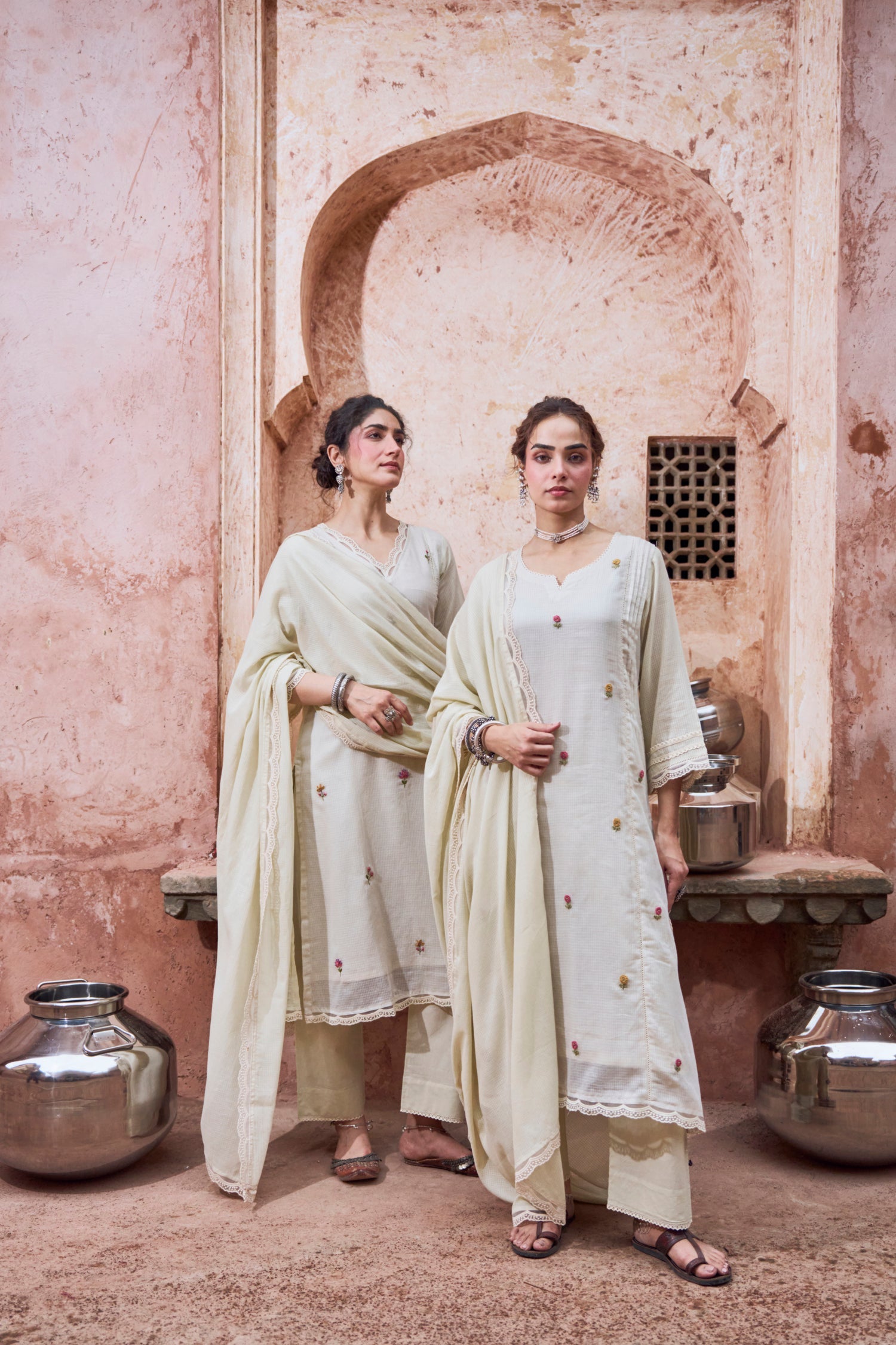 BEIGE EMBROIDERED SUIT SET IN KOTA DORIA