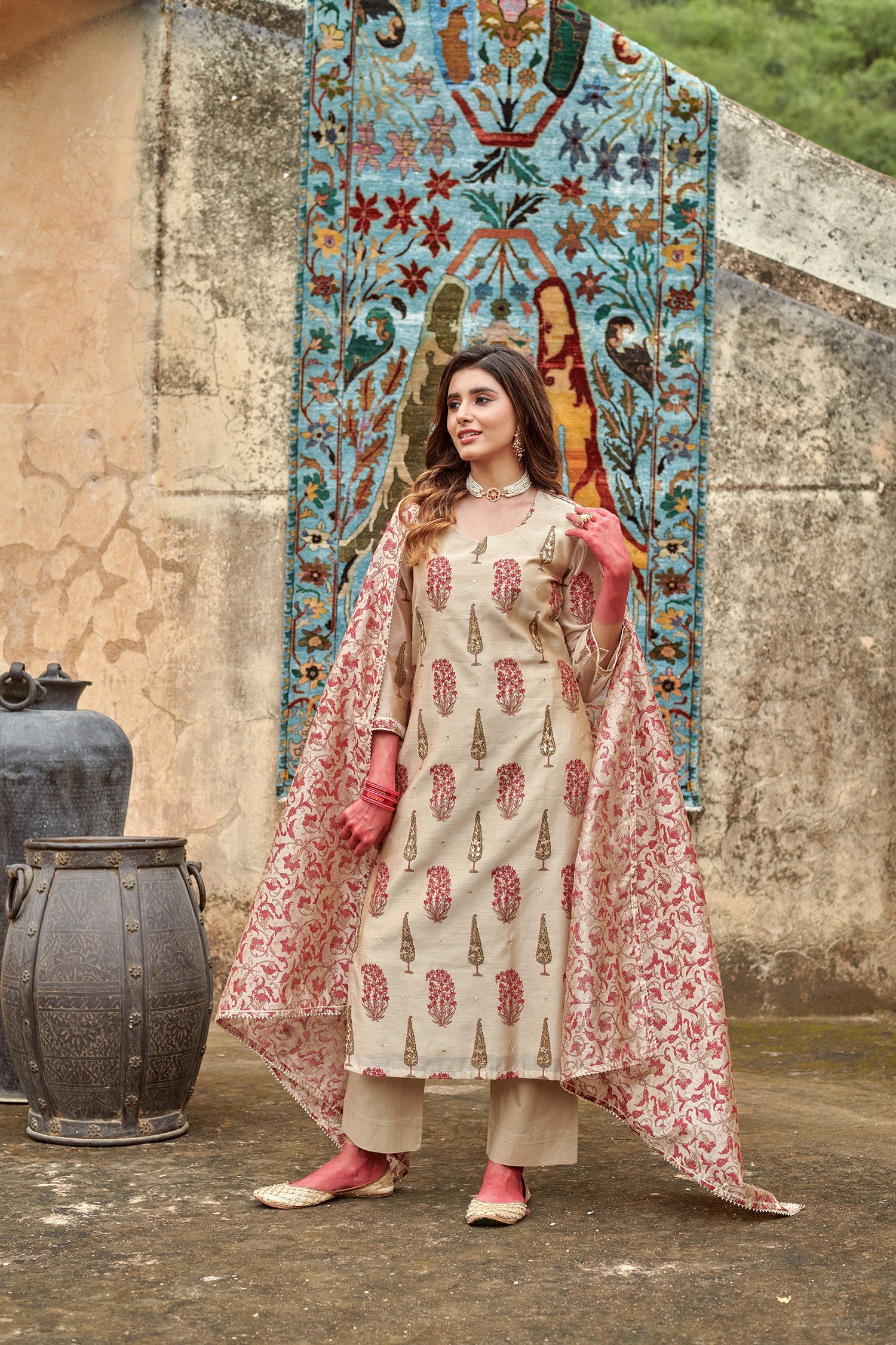 BEIGE CHANDERI KURTA SET