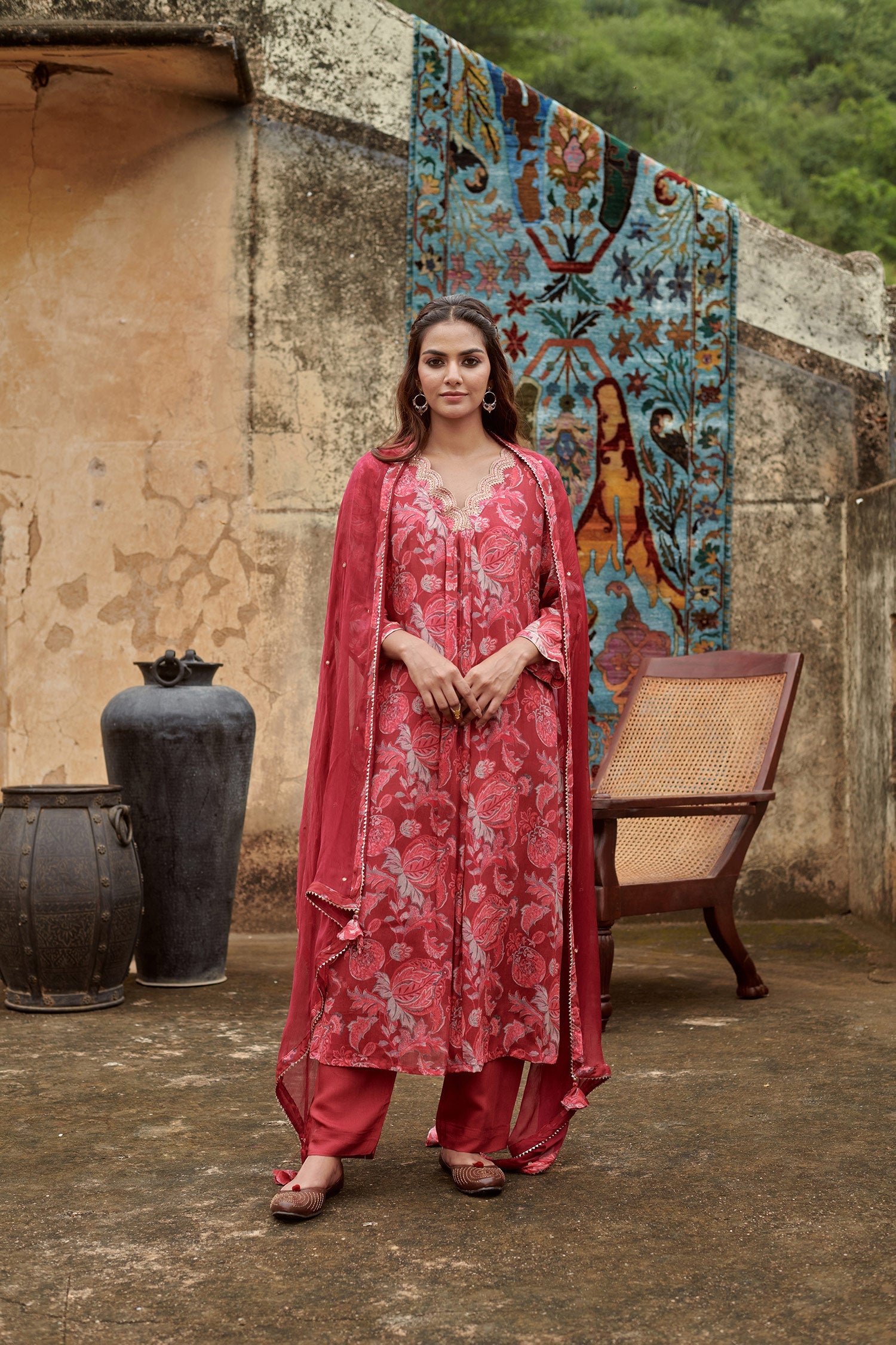 MAROON A-LINE KURTA SET