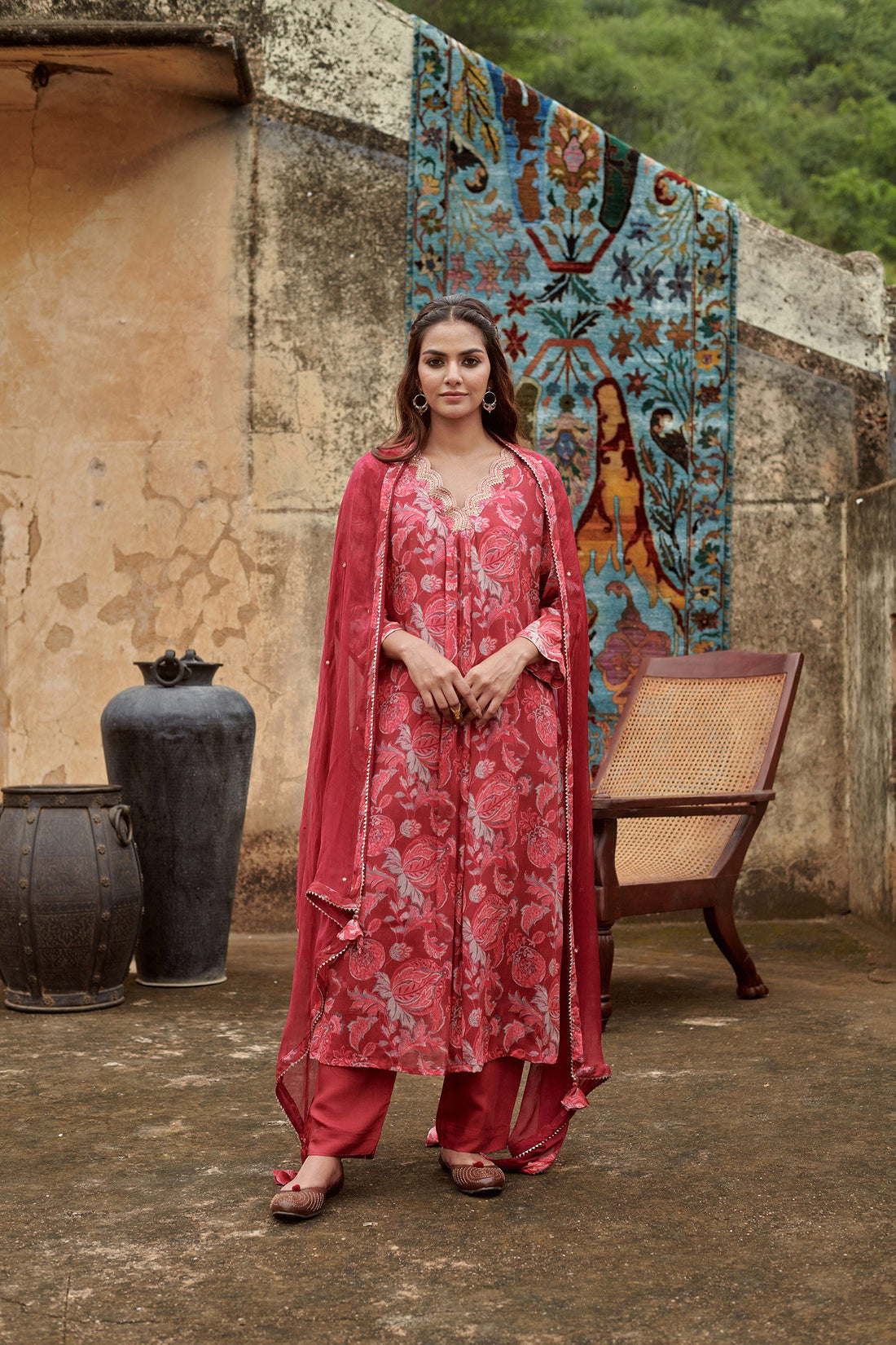 MAROON A-LINE KURTA SET