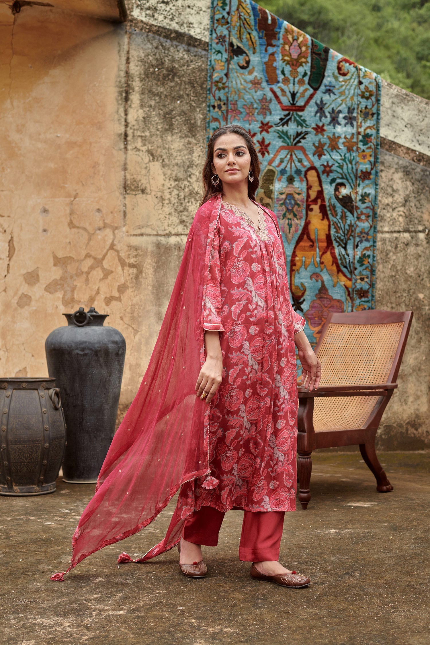 MAROON A-LINE KURTA SET