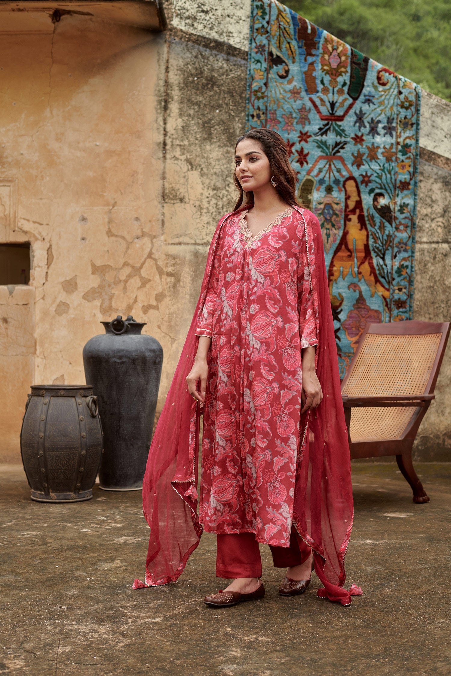 MAROON A-LINE KURTA SET