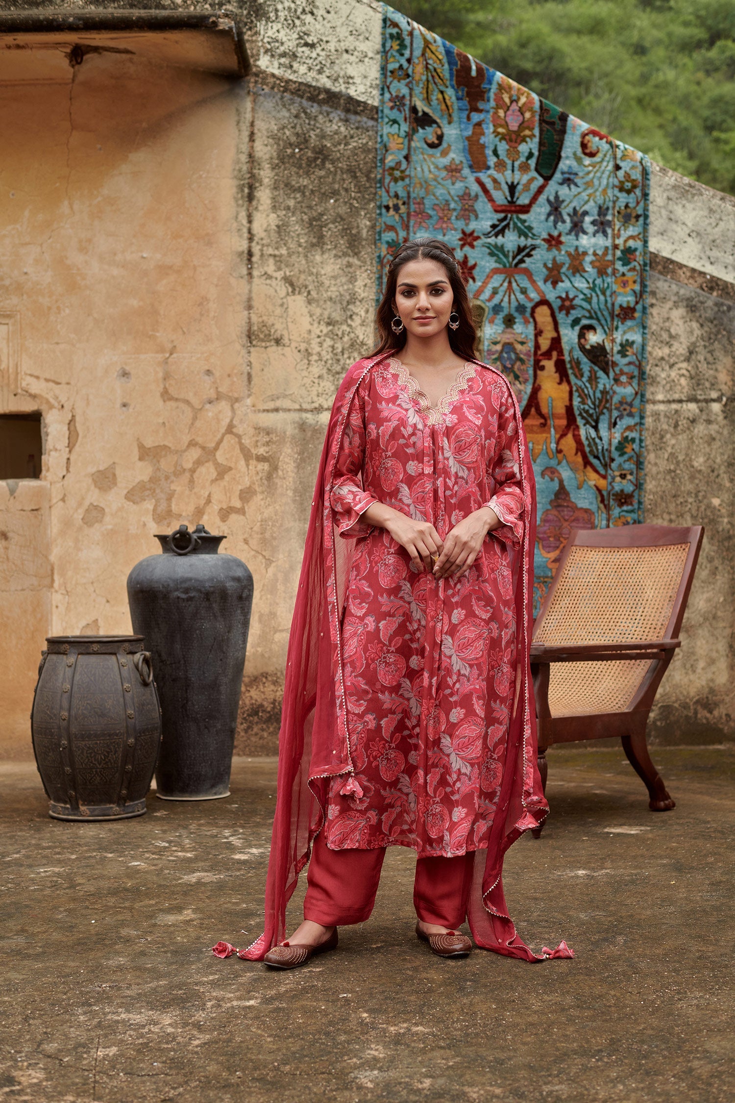 MAROON A-LINE KURTA SET
