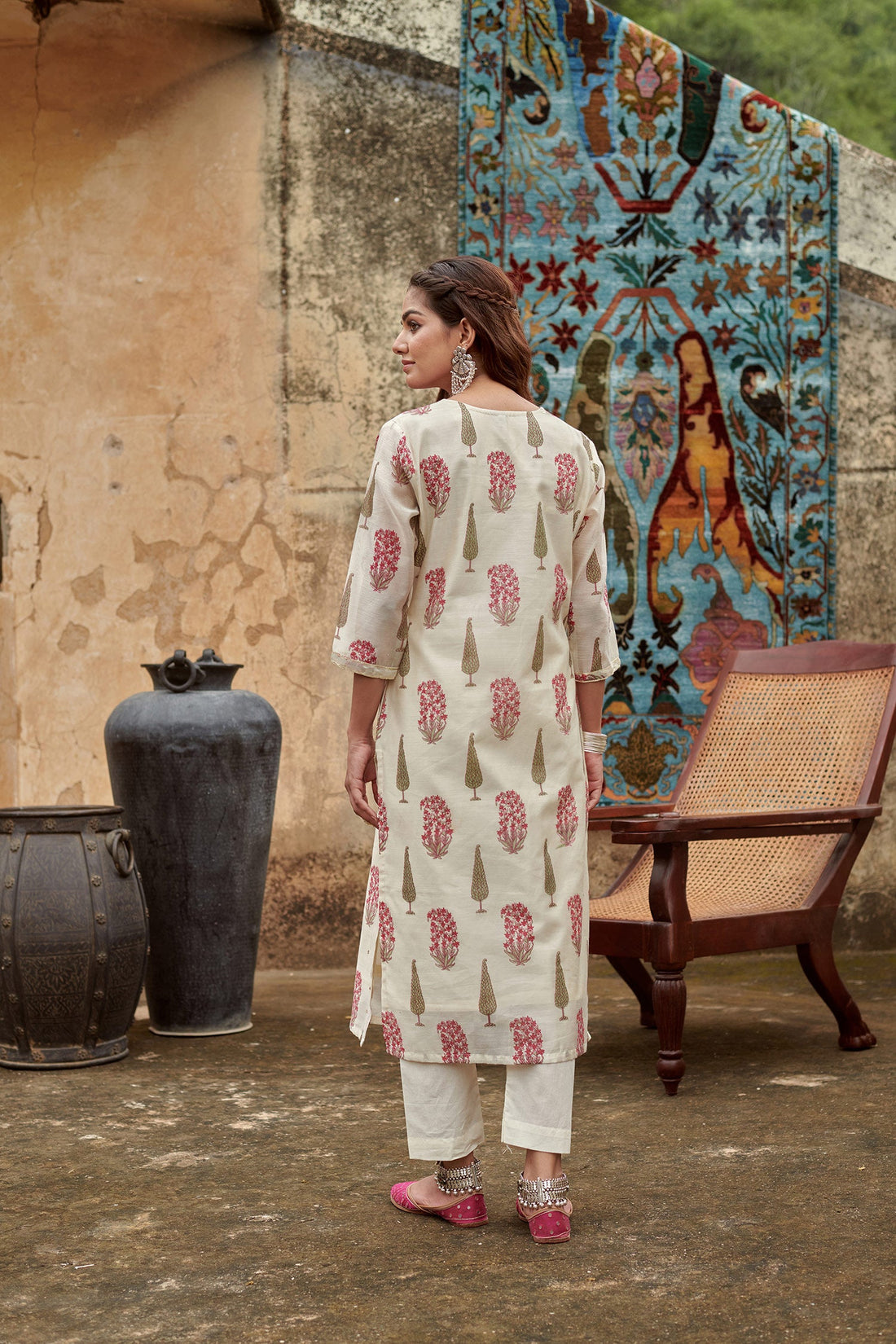 CREAM CHANDERI KURTA SET
