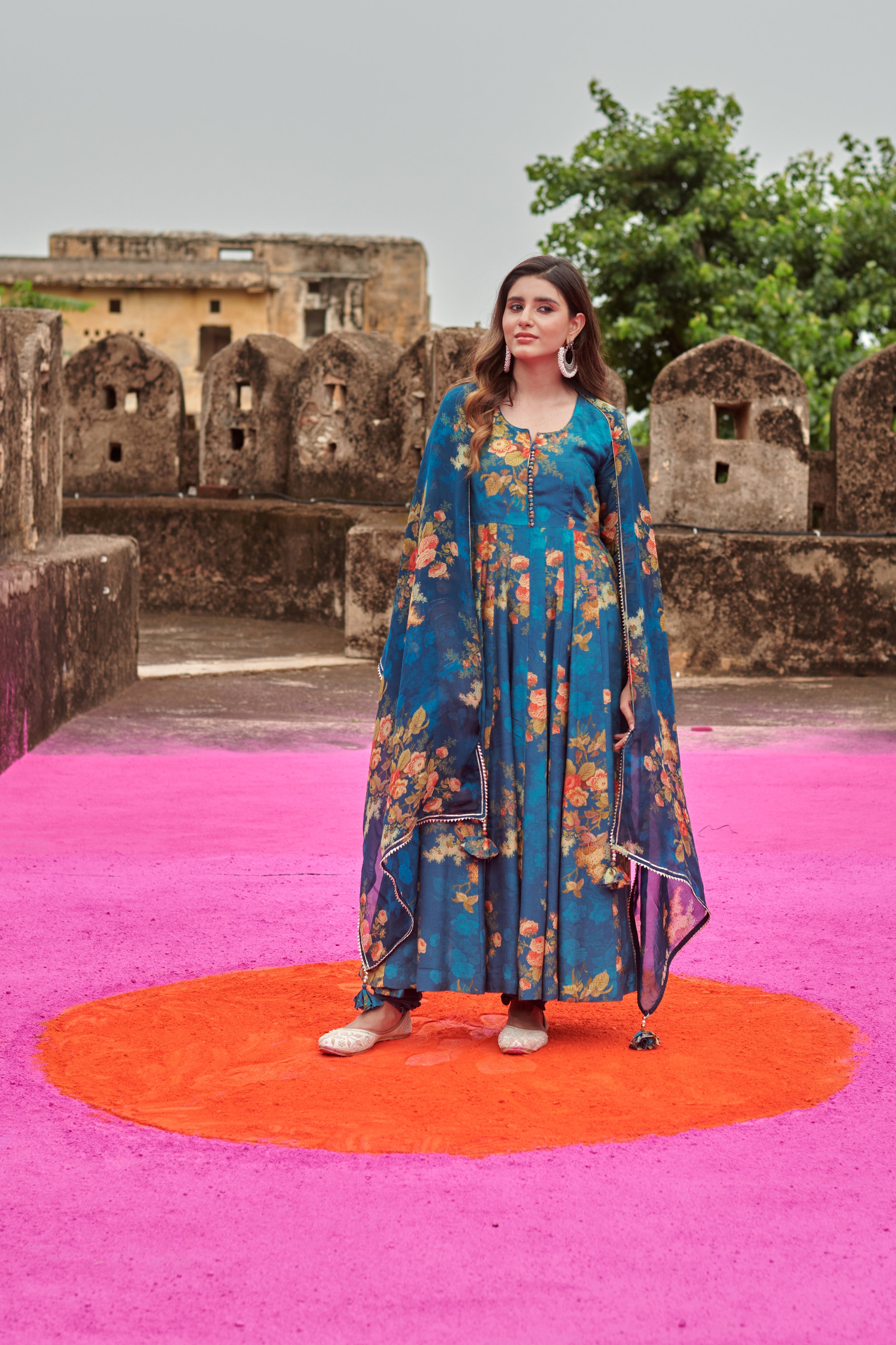 FLORAL BLUE ANARKALI KURTA SET