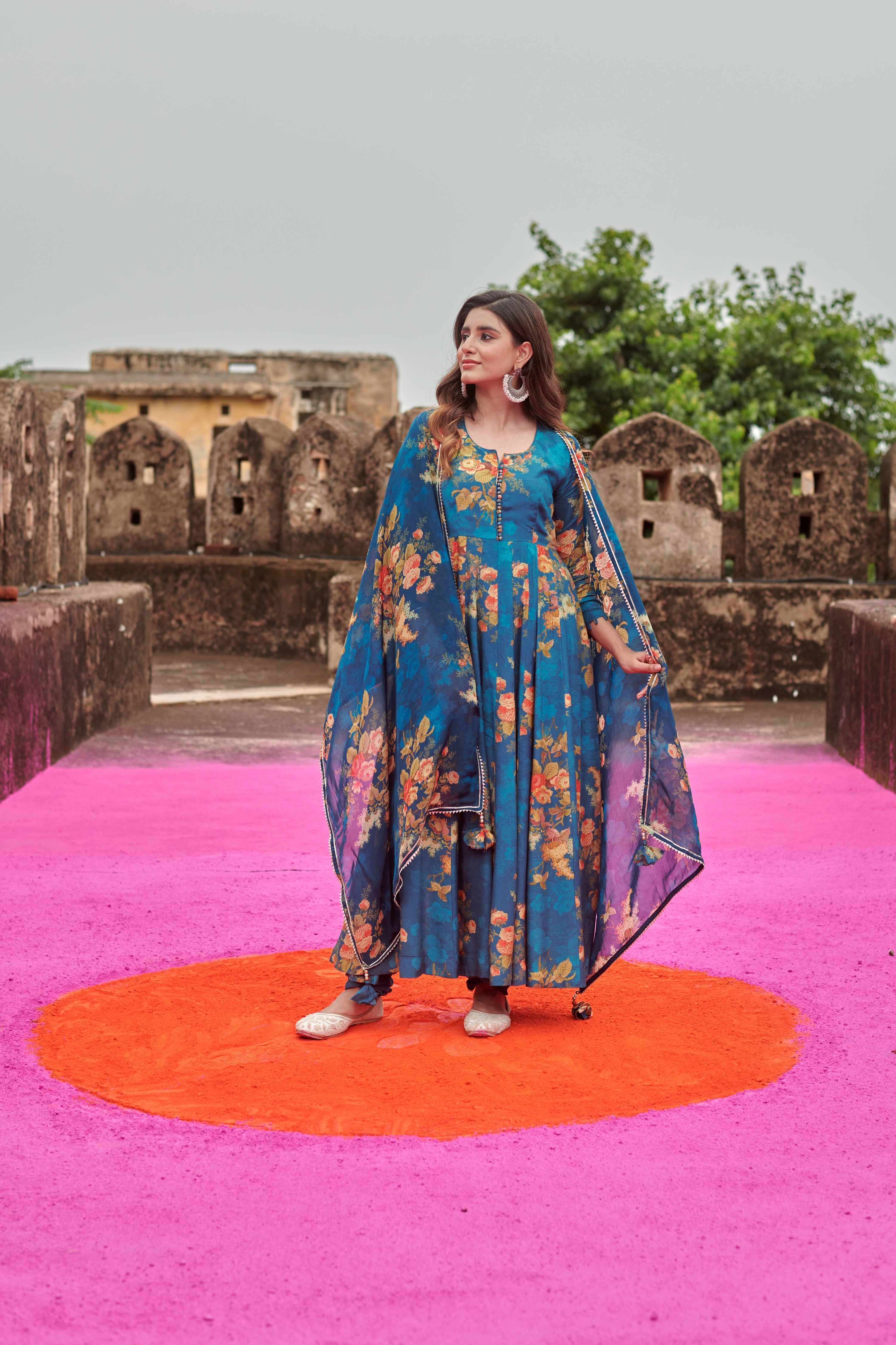 FLORAL BLUE ANARKALI KURTA SET
