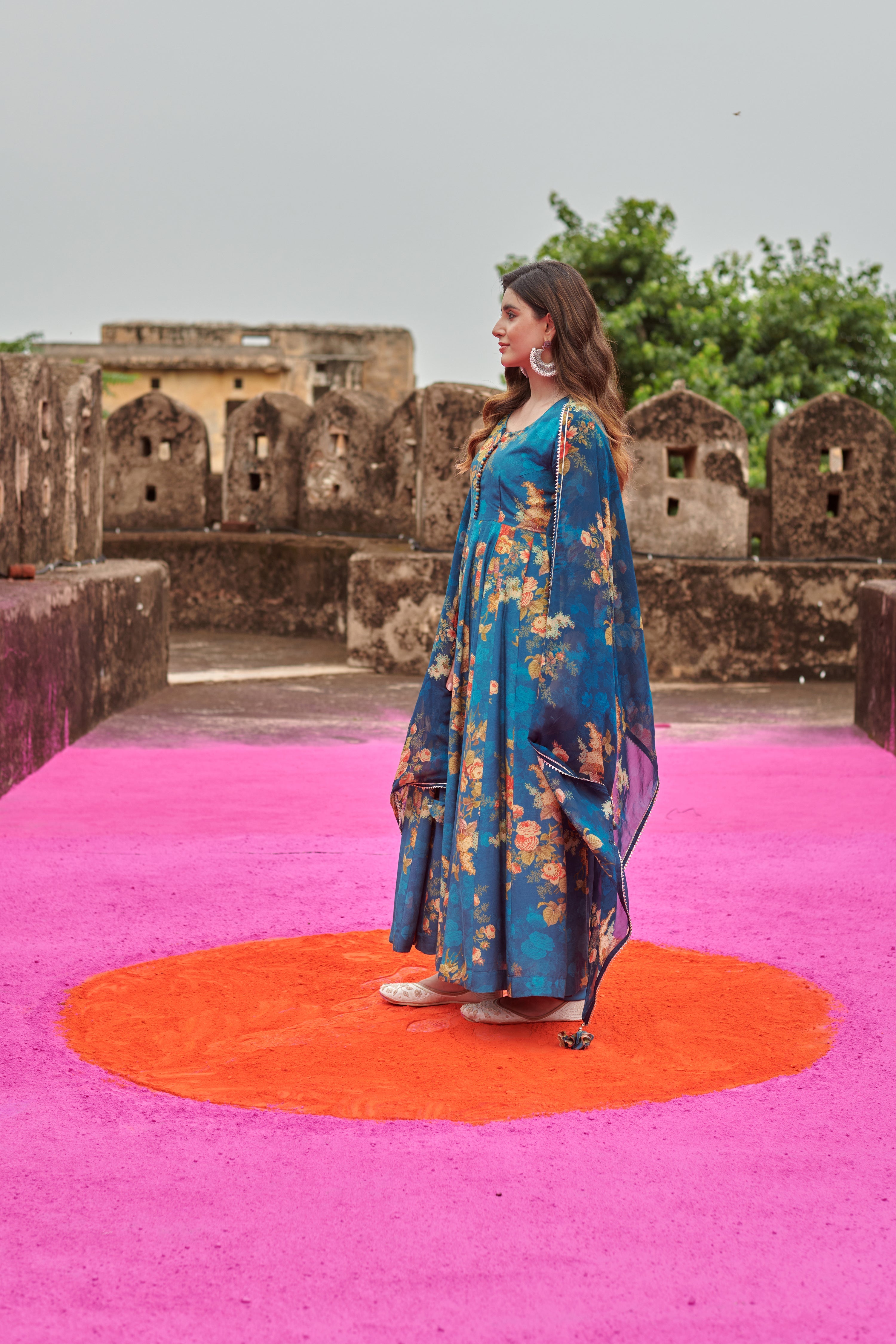 FLORAL BLUE ANARKALI KURTA SET