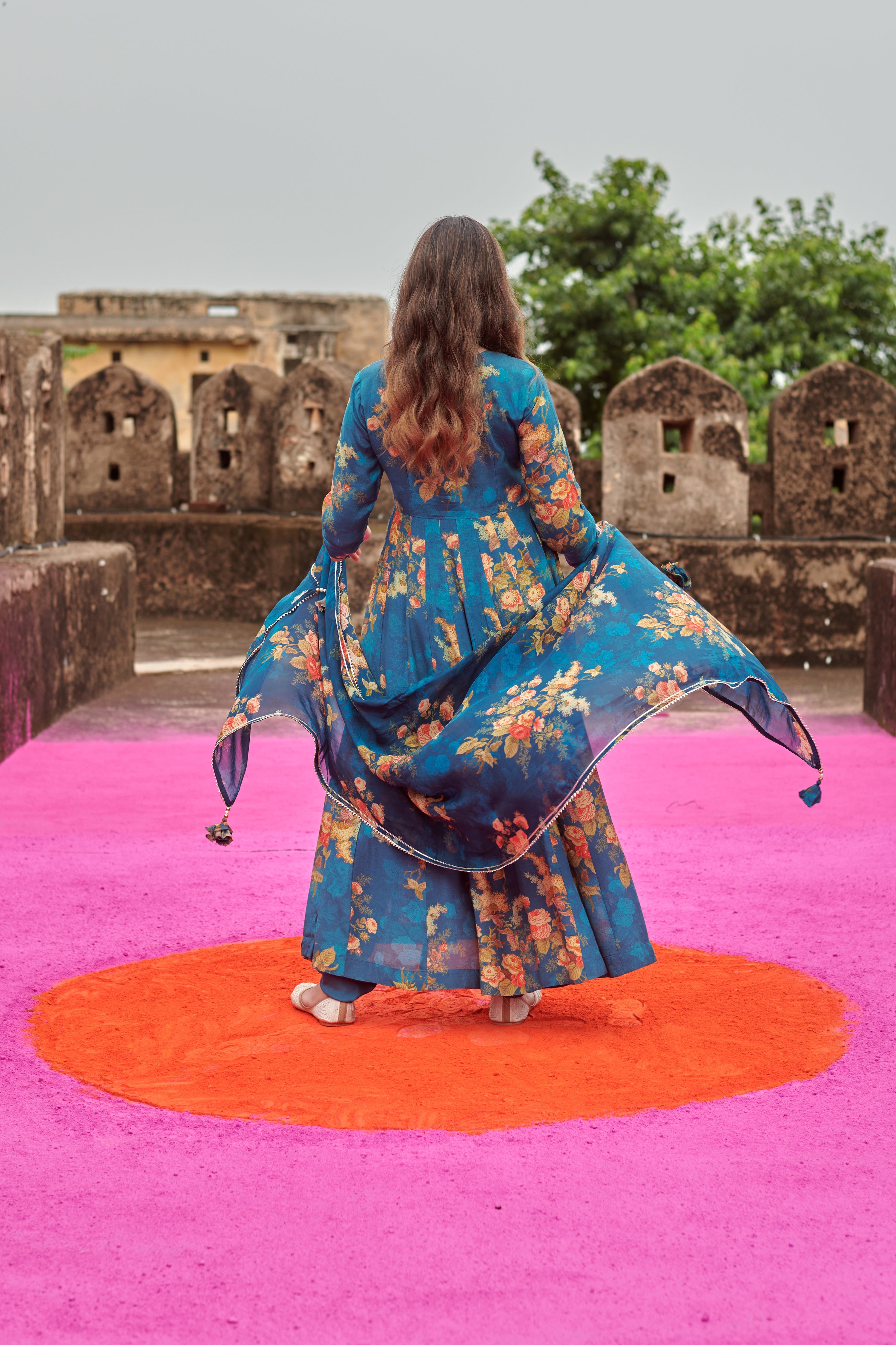 FLORAL BLUE ANARKALI KURTA SET