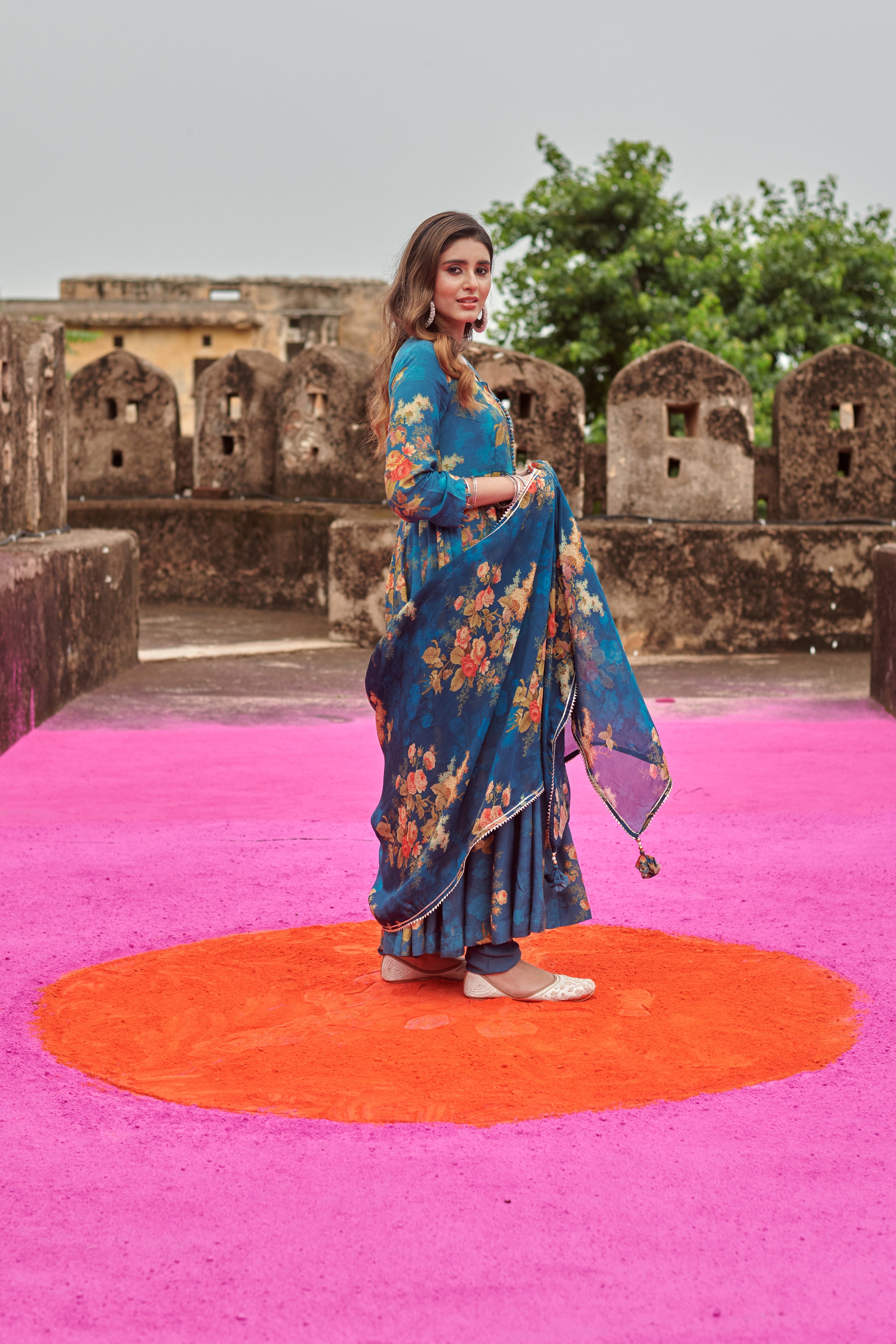 FLORAL BLUE ANARKALI KURTA SET
