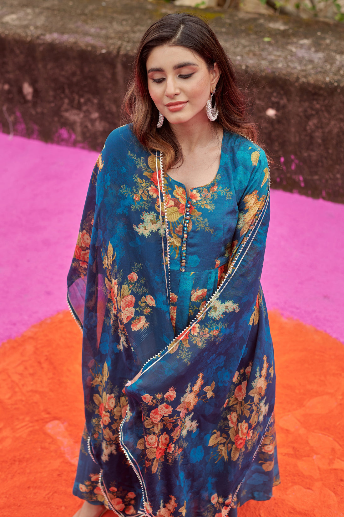 FLORAL BLUE ANARKALI KURTA SET