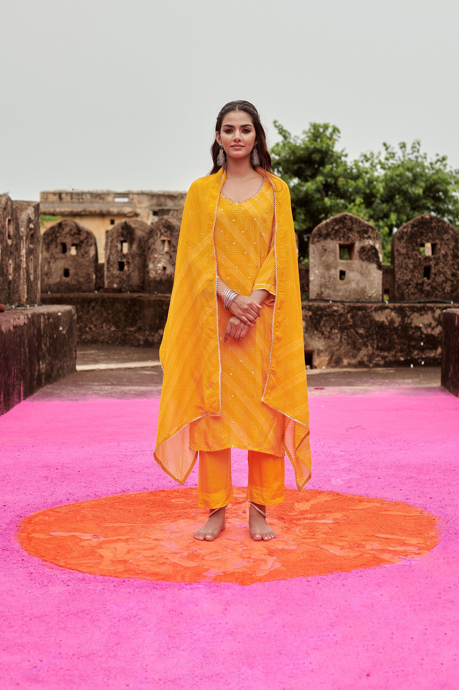 YELLOW V-NECK CREPE KURTA SET