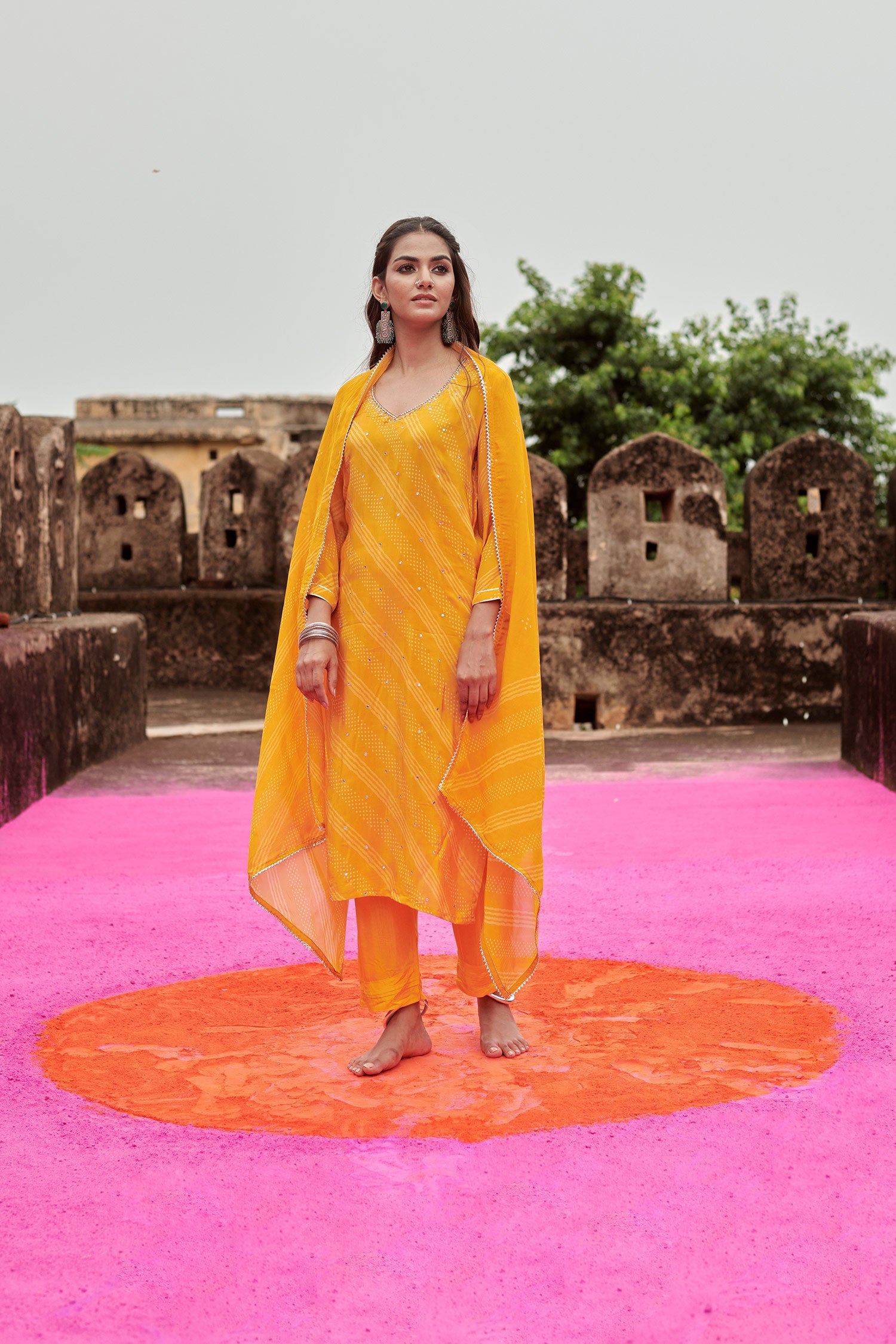 YELLOW V-NECK CREPE KURTA SET