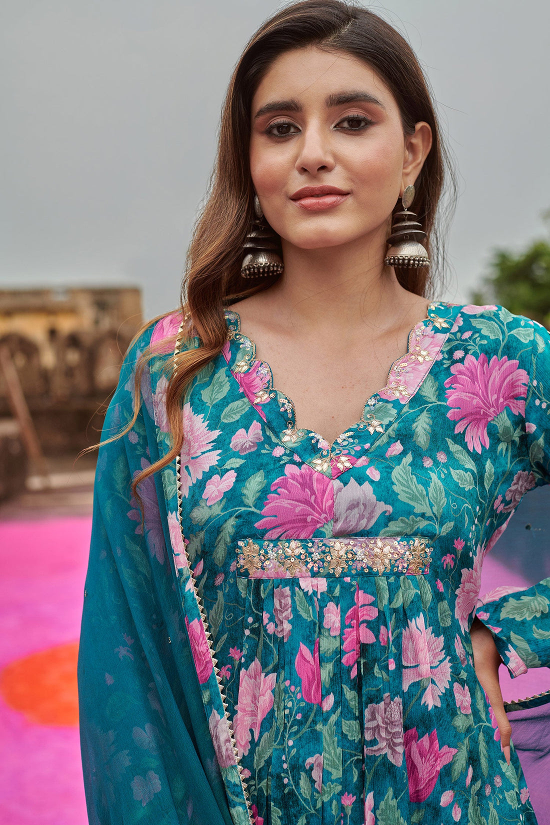 TEAL GREEN A-LINE KURTA SET