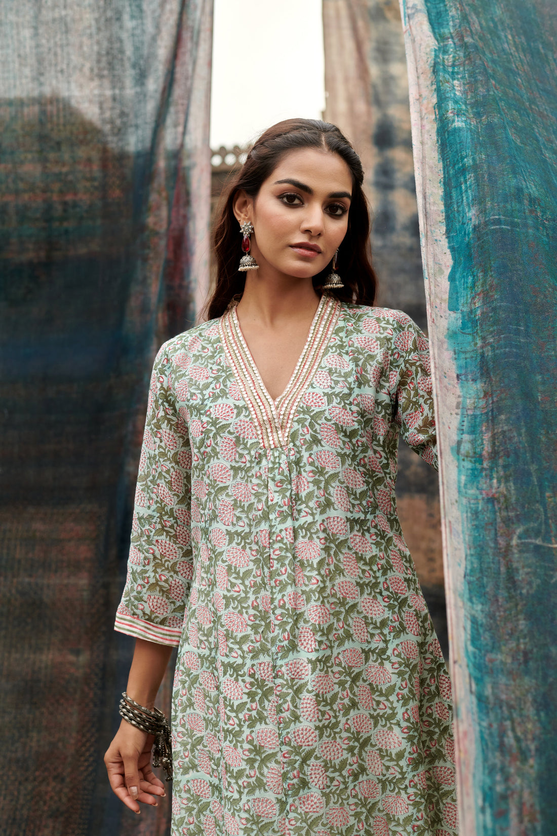 LIGHT GREEN JAAL PRINT CHANDERI  KURTA SET