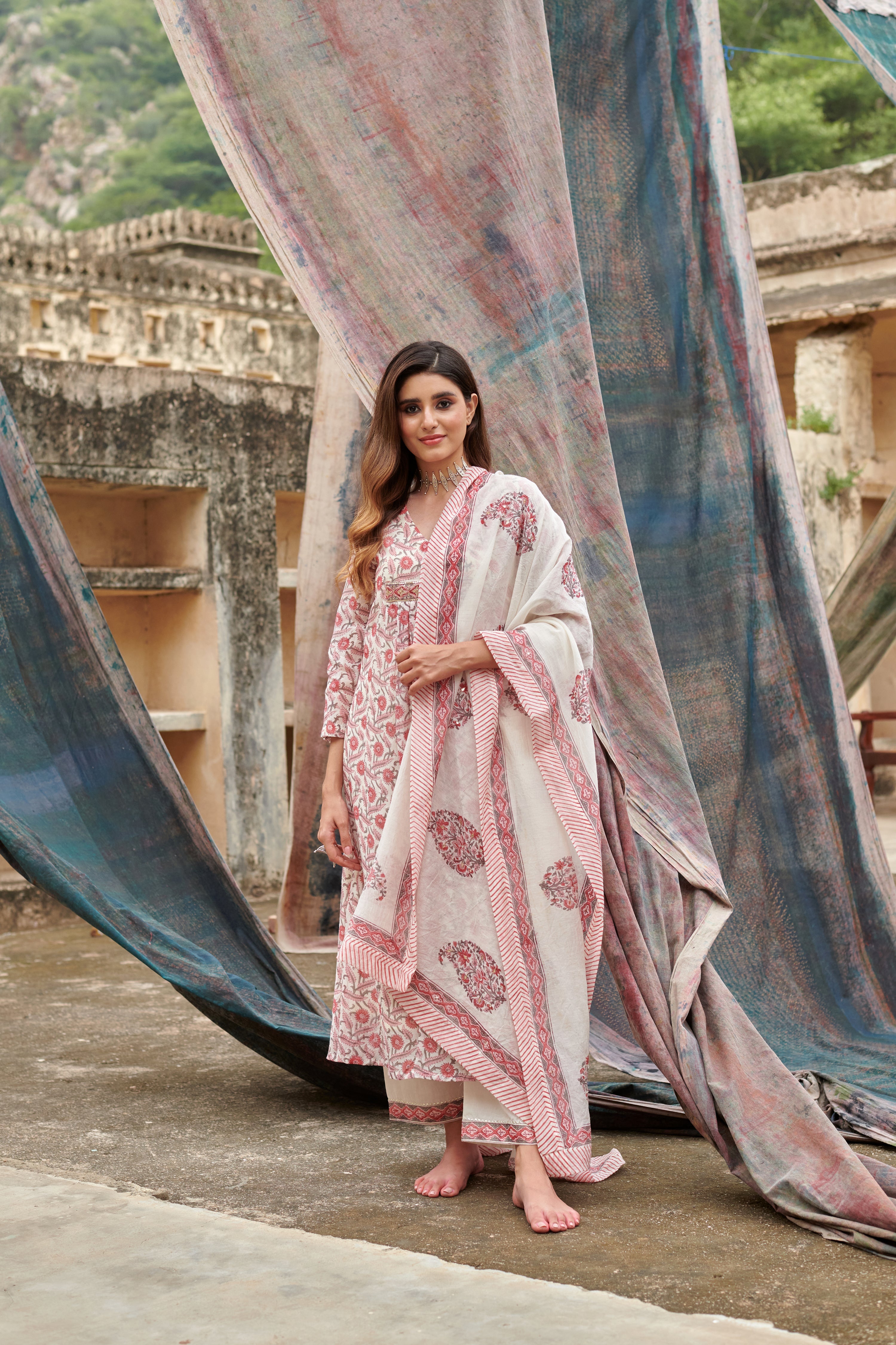 RED PRINT GATHERED CHANDERI KURTA SET