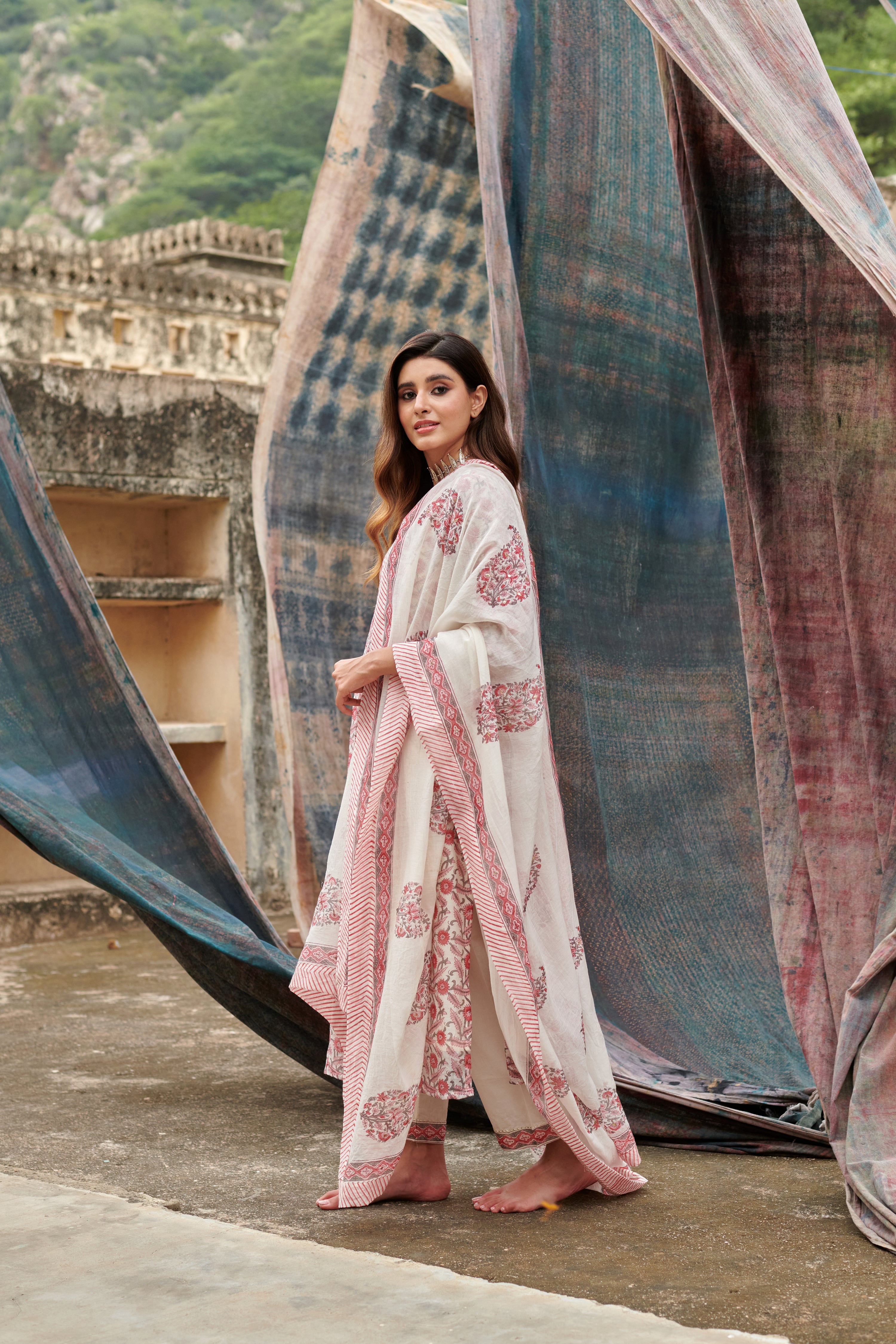RED PRINT GATHERED CHANDERI KURTA SET