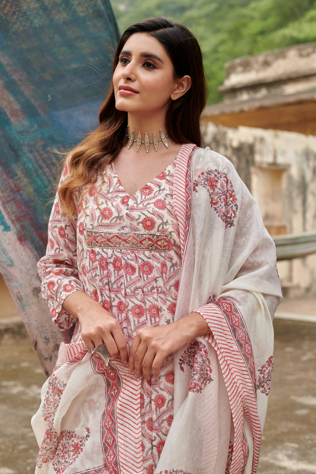 RED PRINT GATHERED CHANDERI KURTA SET