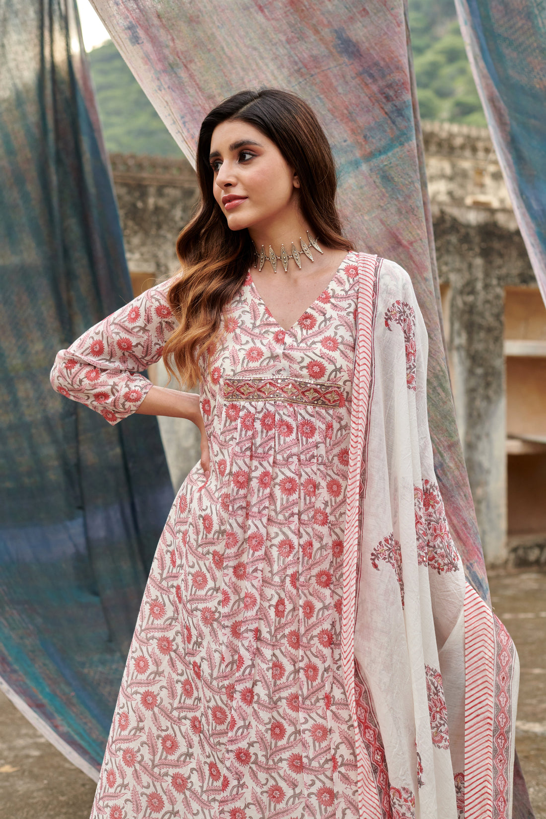RED PRINT GATHERED CHANDERI KURTA SET