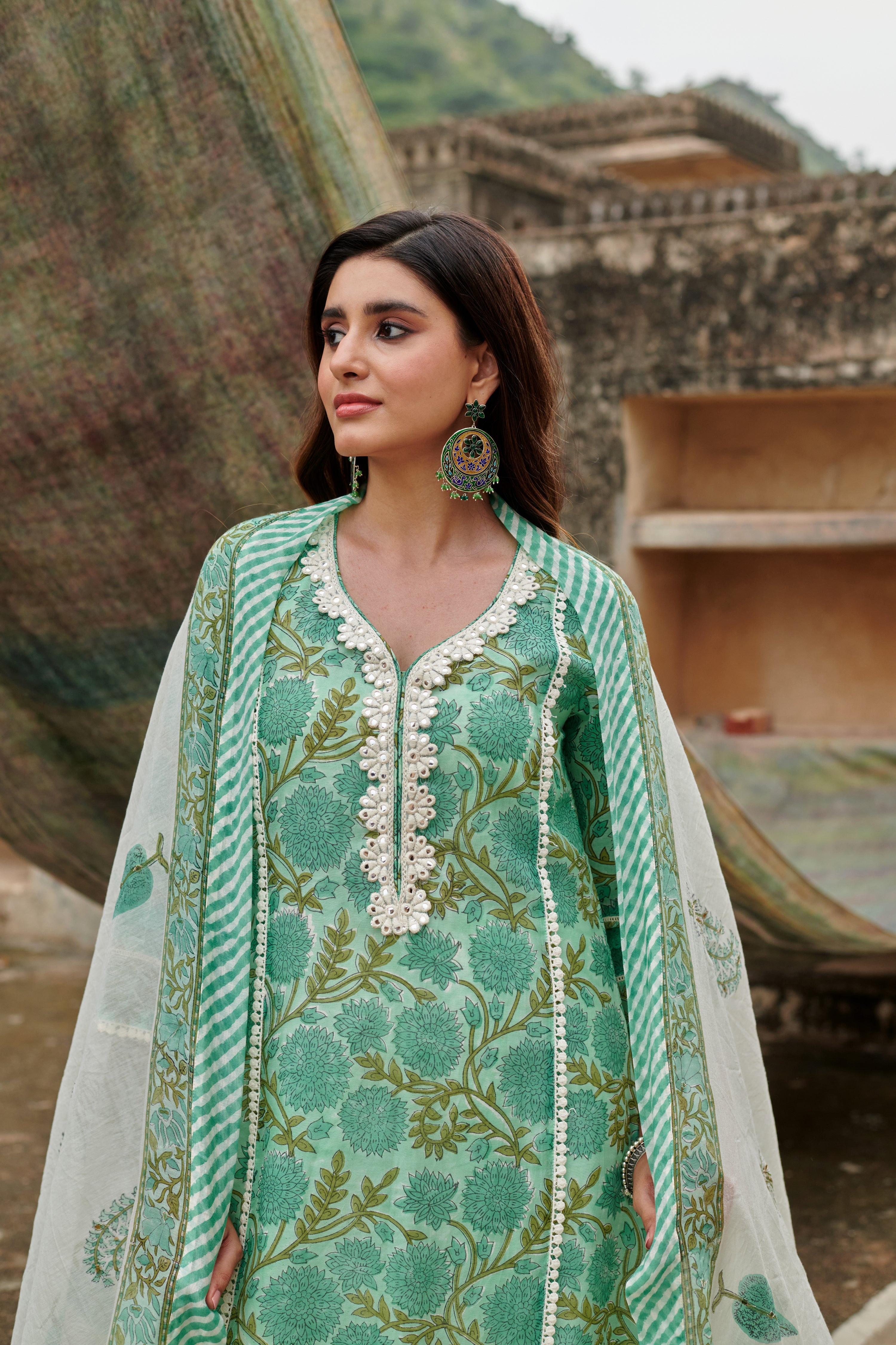 SEA GREEN JAAL PRINT KURTA SET