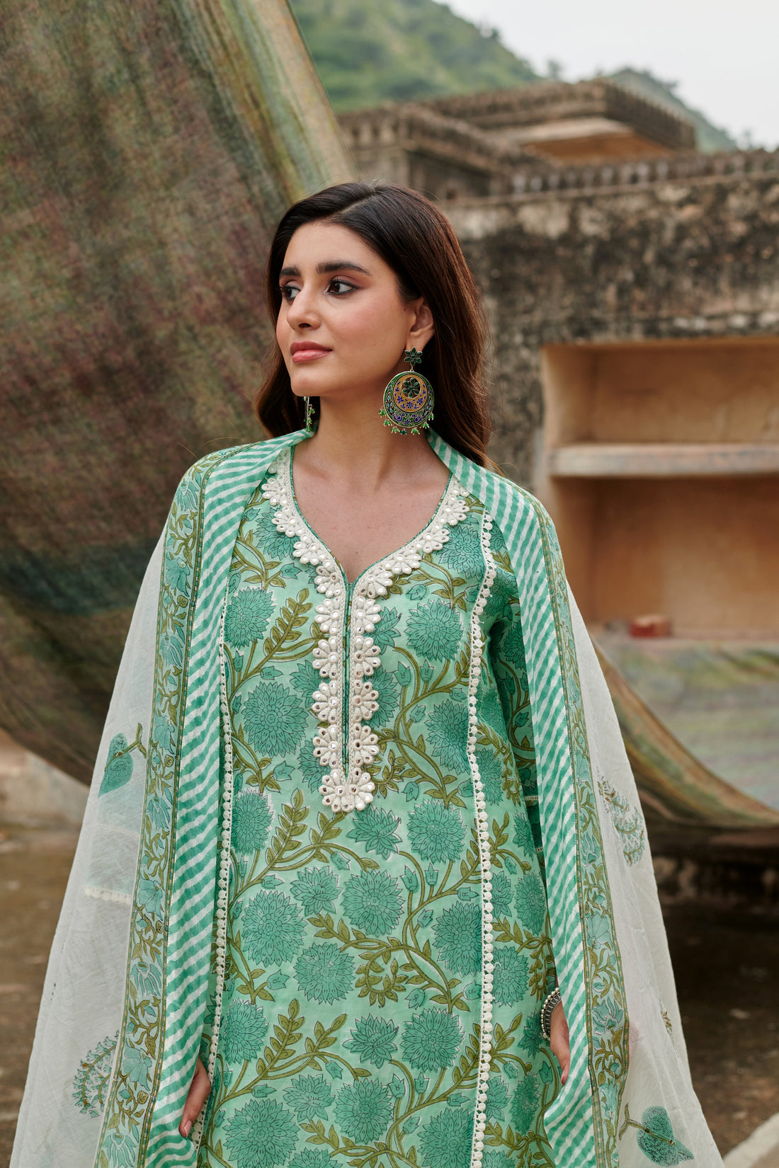 SEA GREEN JAAL PRINT KURTA SET