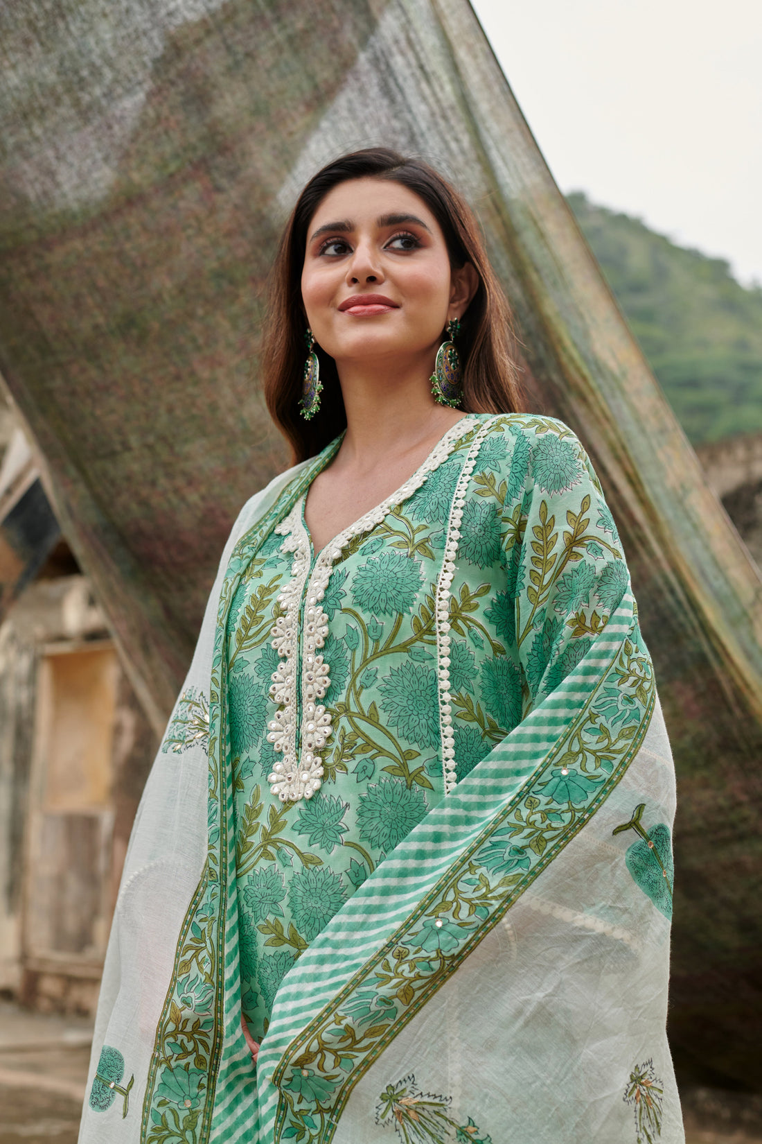 SEA GREEN JAAL PRINT KURTA SET
