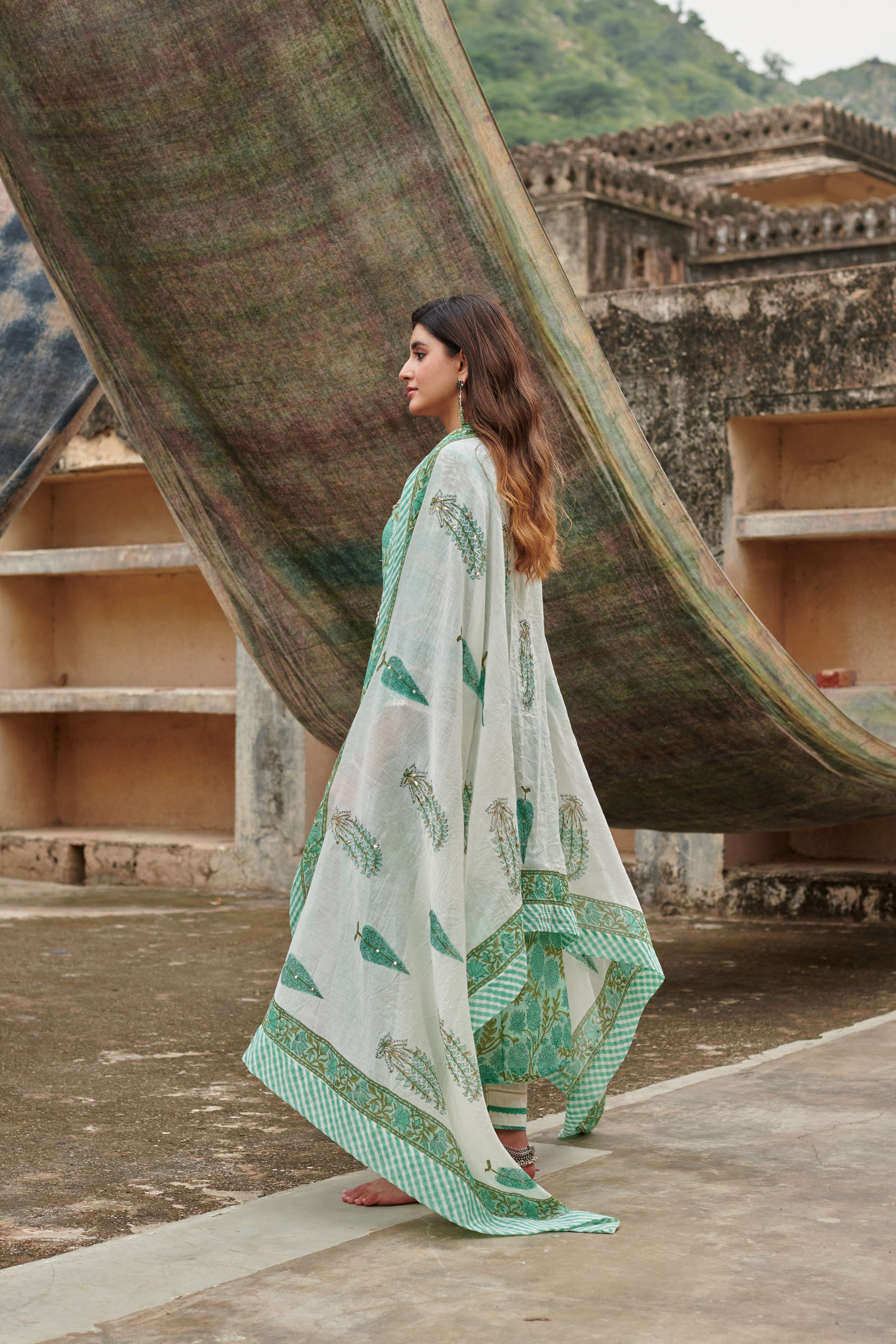 SEA GREEN JAAL PRINT KURTA SET