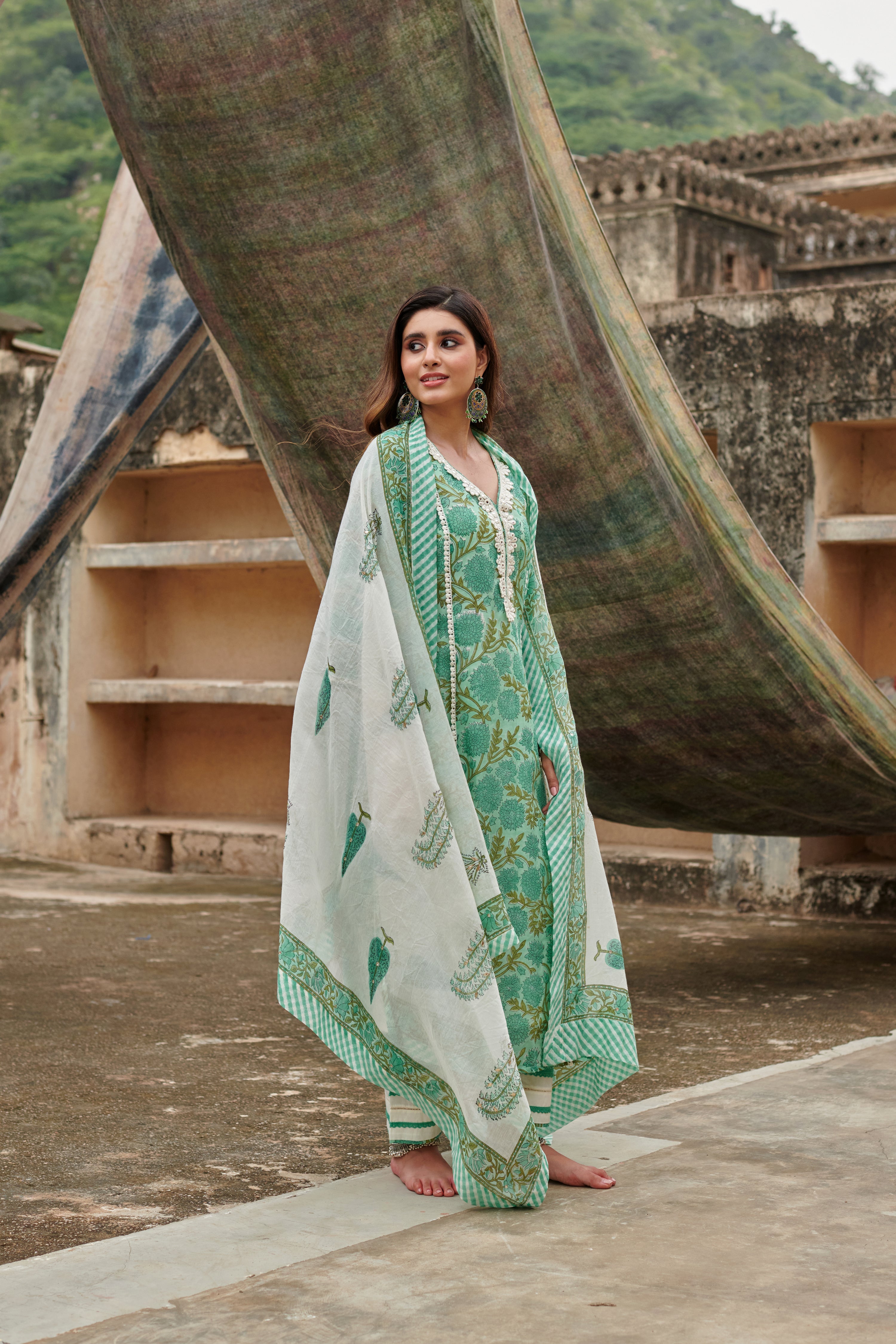 SEA GREEN JAAL PRINT KURTA SET