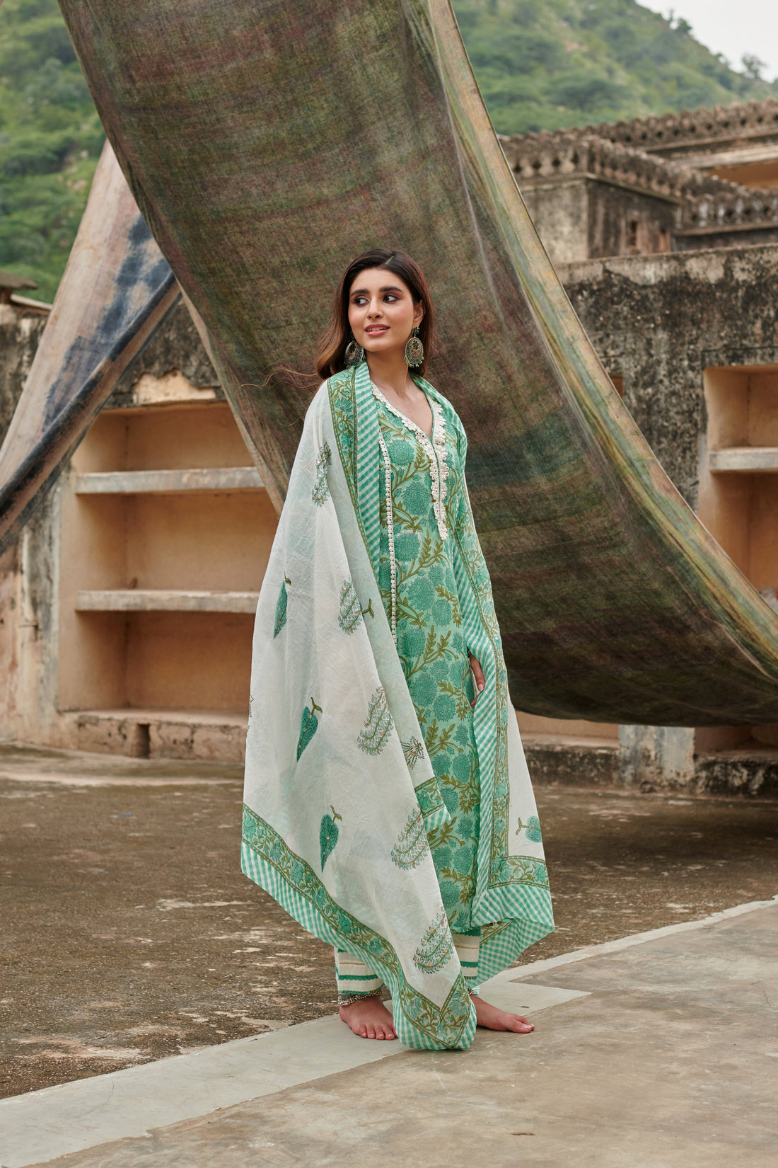 SEA GREEN JAAL PRINT KURTA SET