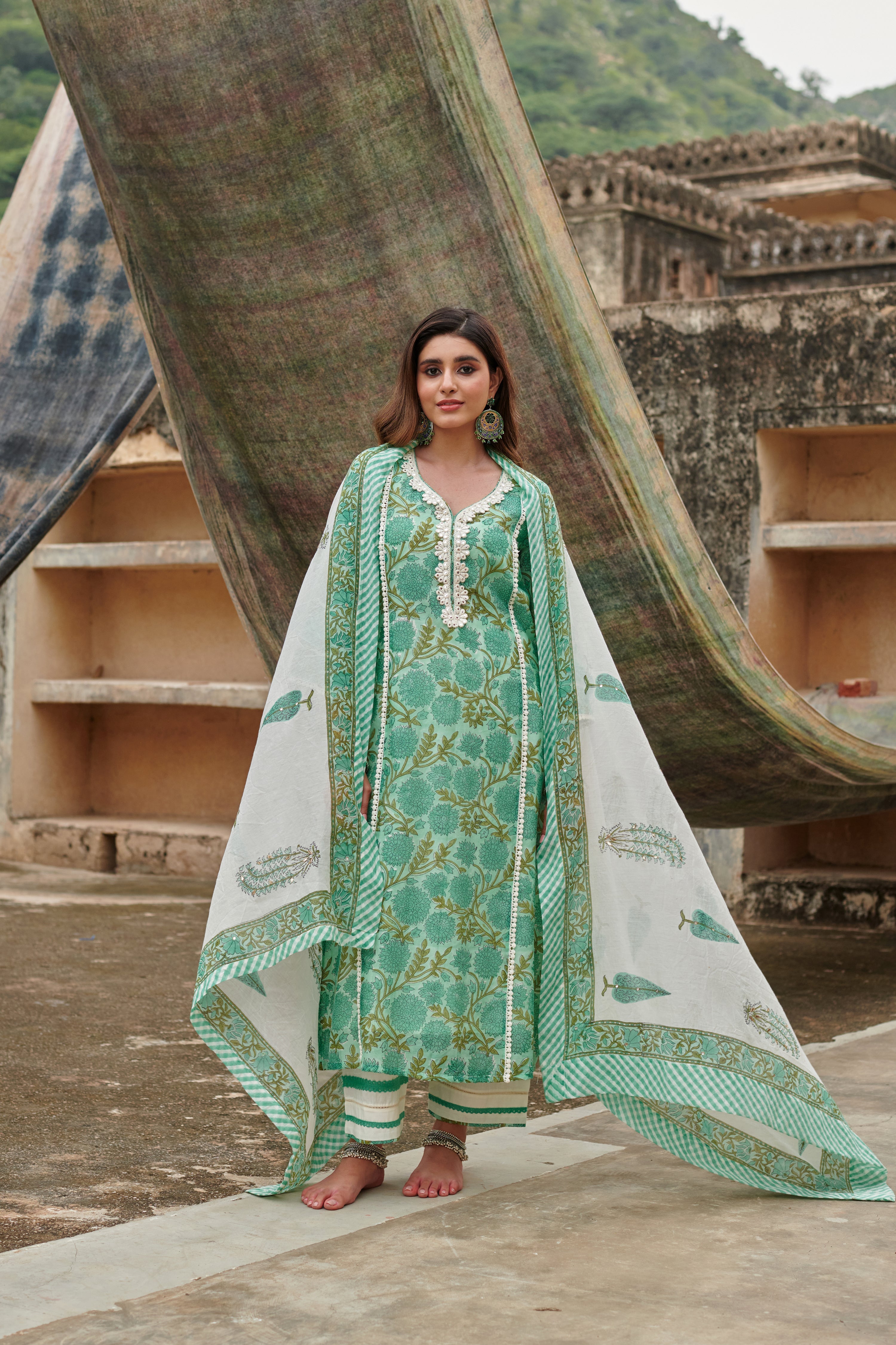 SEA GREEN JAAL PRINT KURTA SET