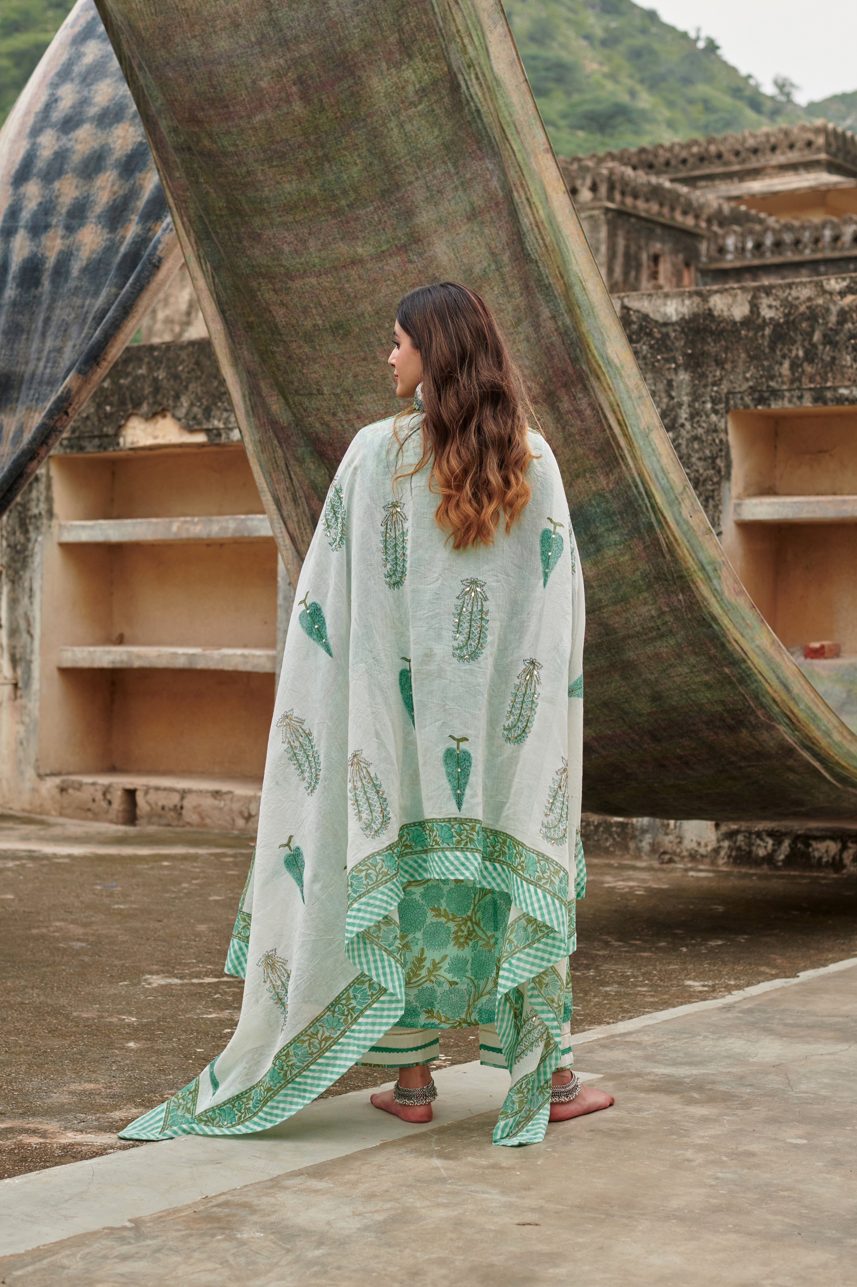 SEA GREEN JAAL PRINT KURTA SET