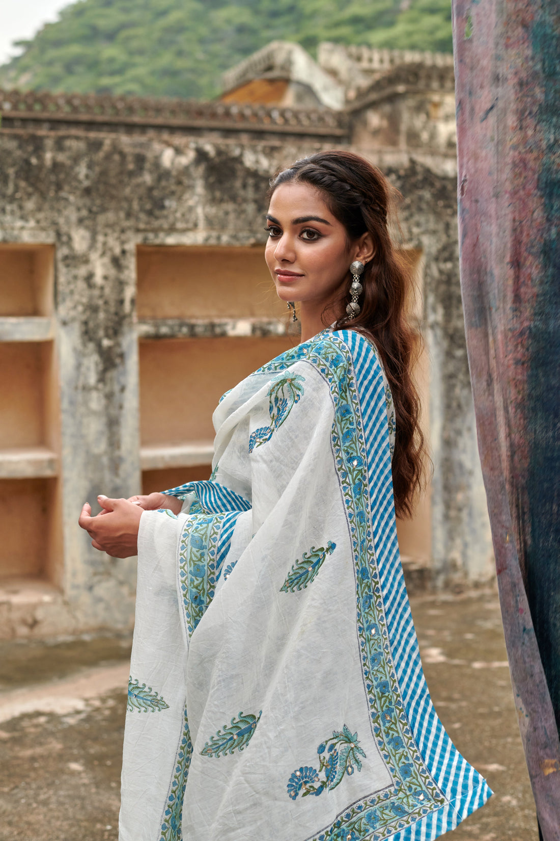 BLUE BUTTI PURE CHANDERI KURTA SET