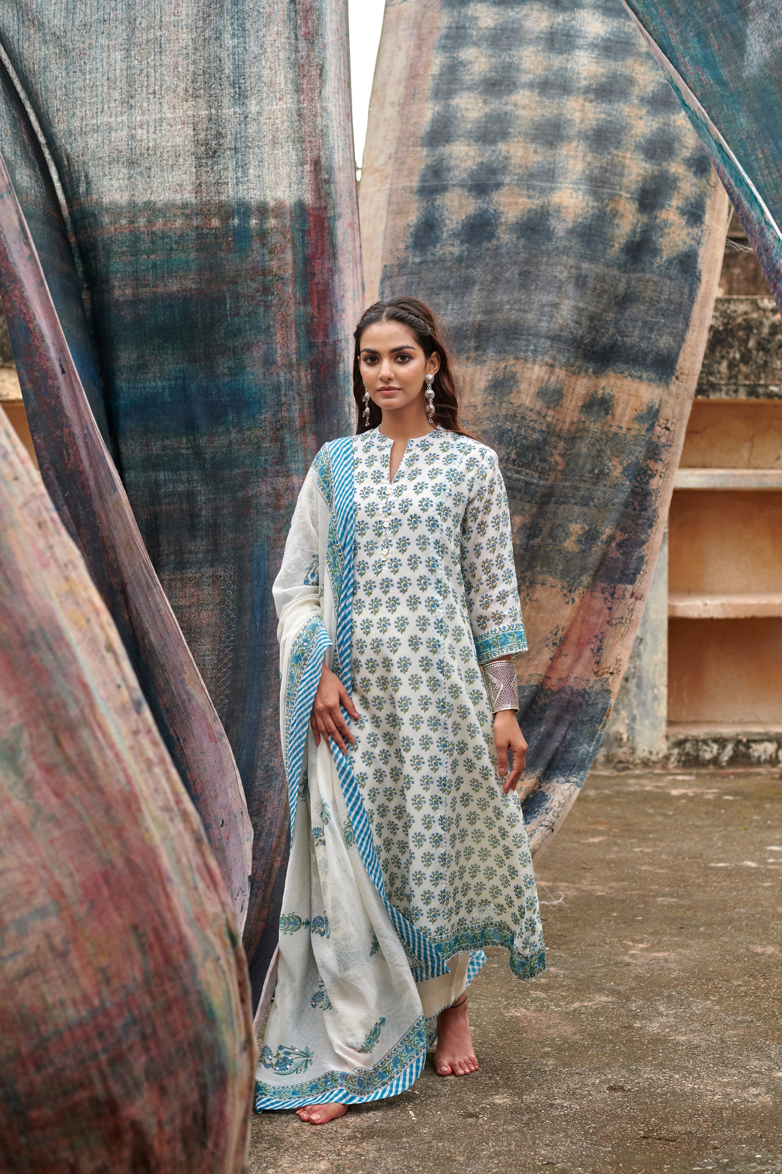 BLUE BUTTI PURE CHANDERI KURTA SET