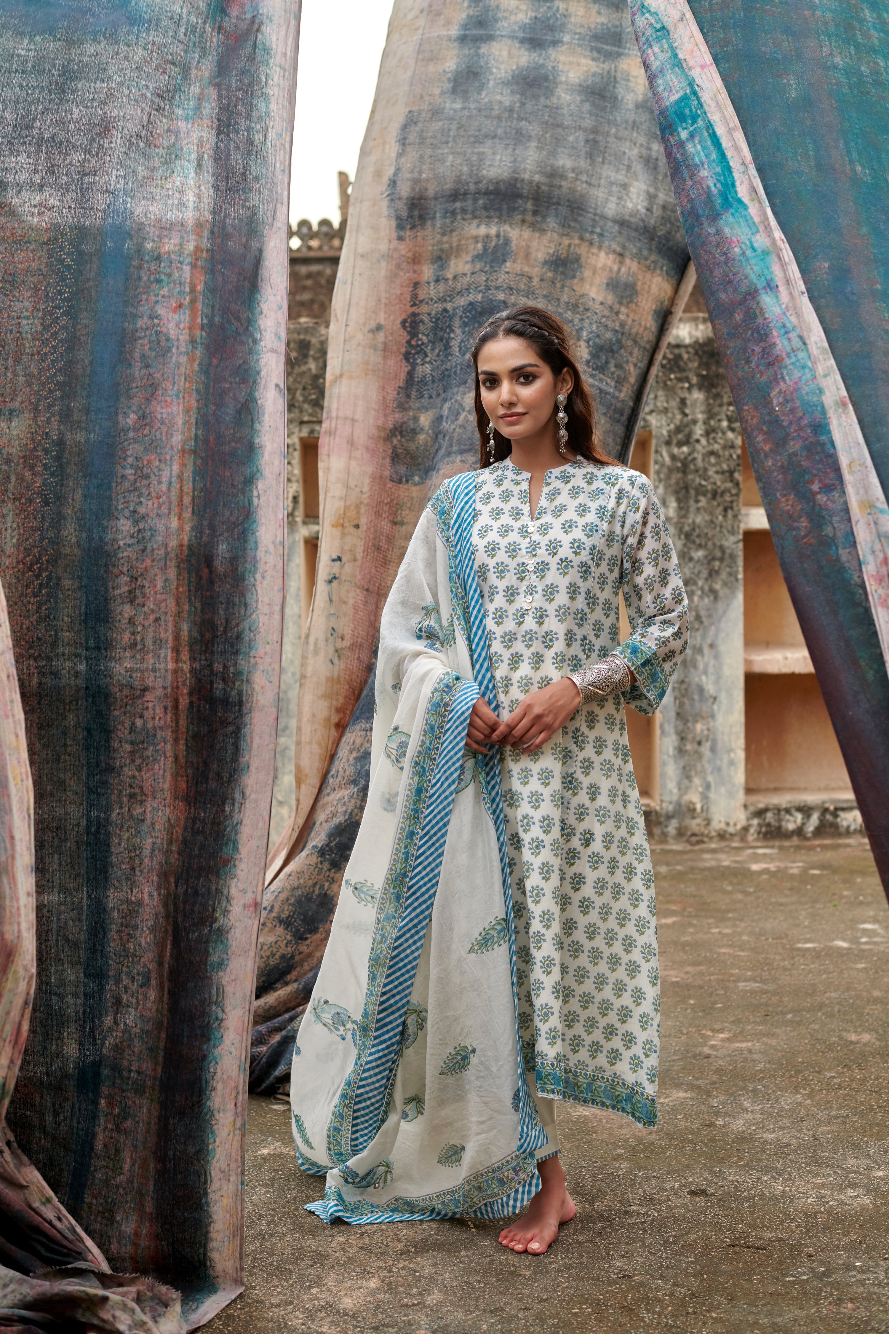 BLUE BUTTI PURE CHANDERI KURTA SET