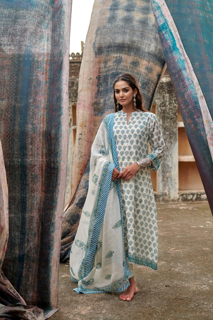 BLUE BUTTI PURE CHANDERI KURTA SET