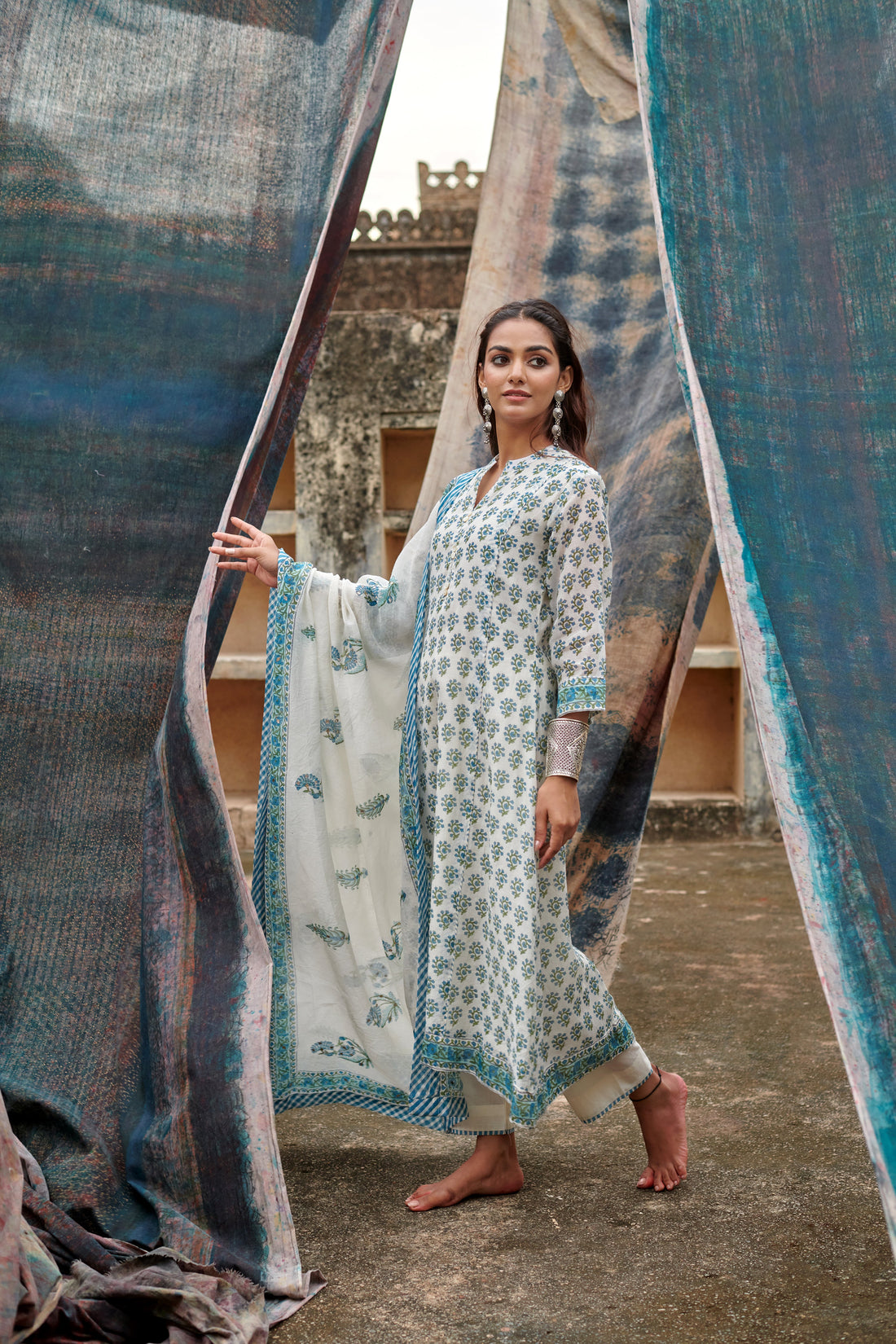 BLUE BUTTI PURE CHANDERI KURTA SET