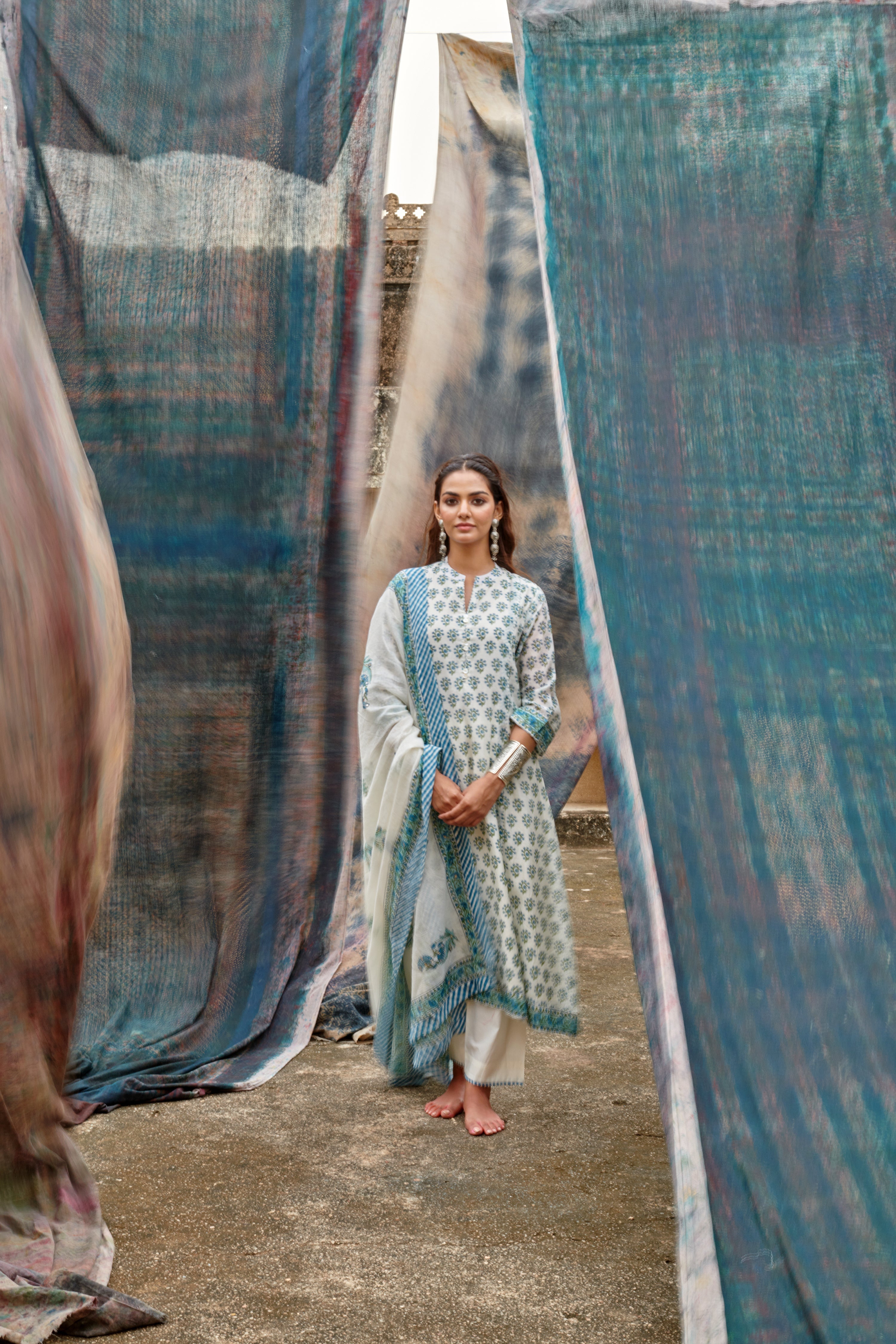 BLUE BUTTI PURE CHANDERI KURTA SET