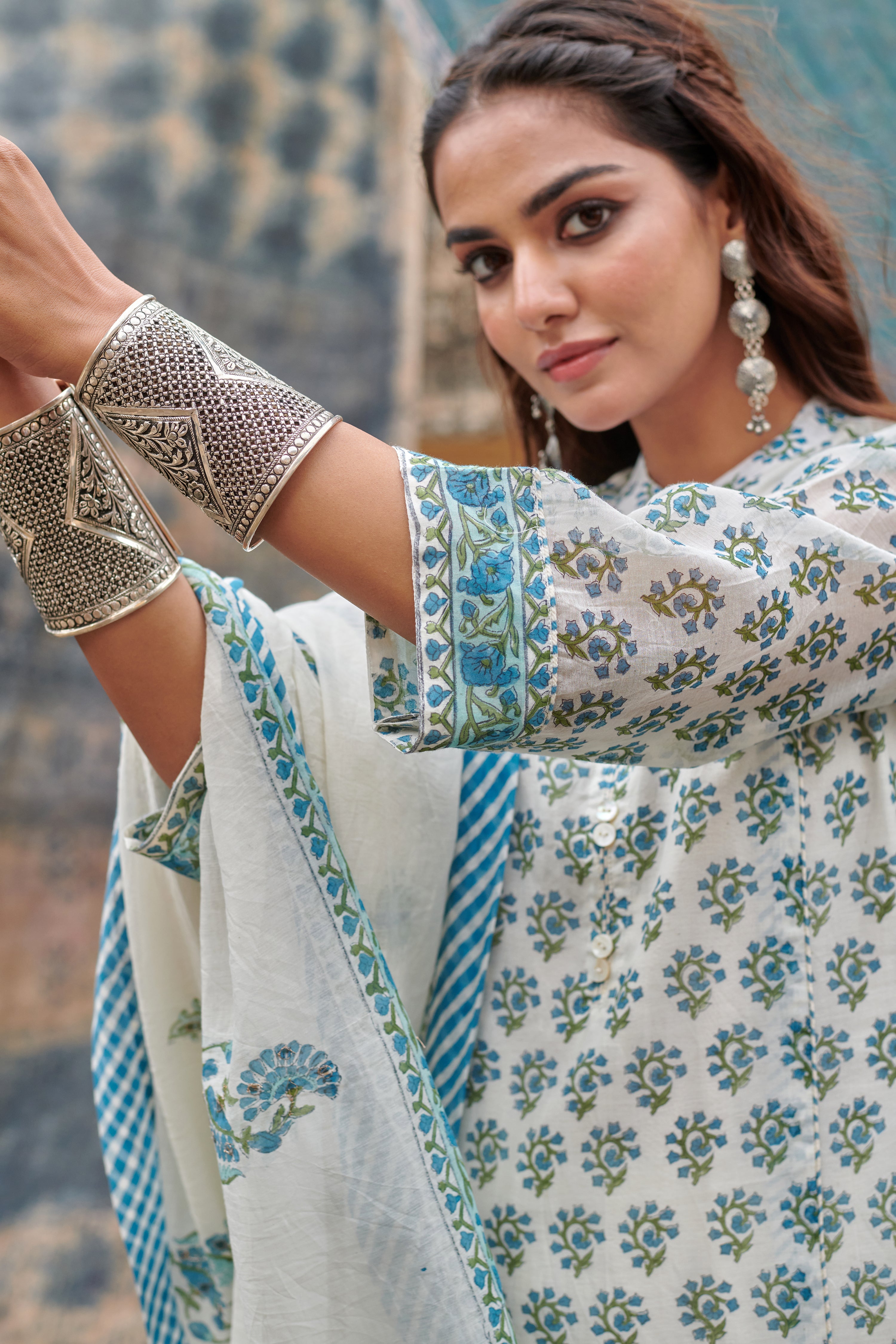 BLUE BUTTI PURE CHANDERI KURTA SET