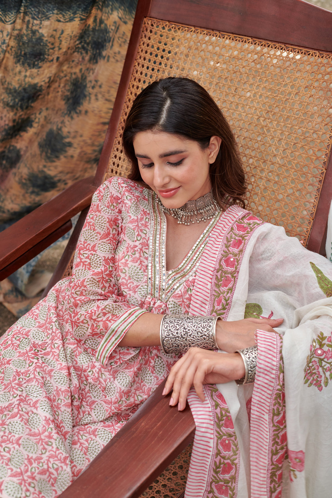 ROSE PINK JAAL PRINT CHANDERI KURTA SET