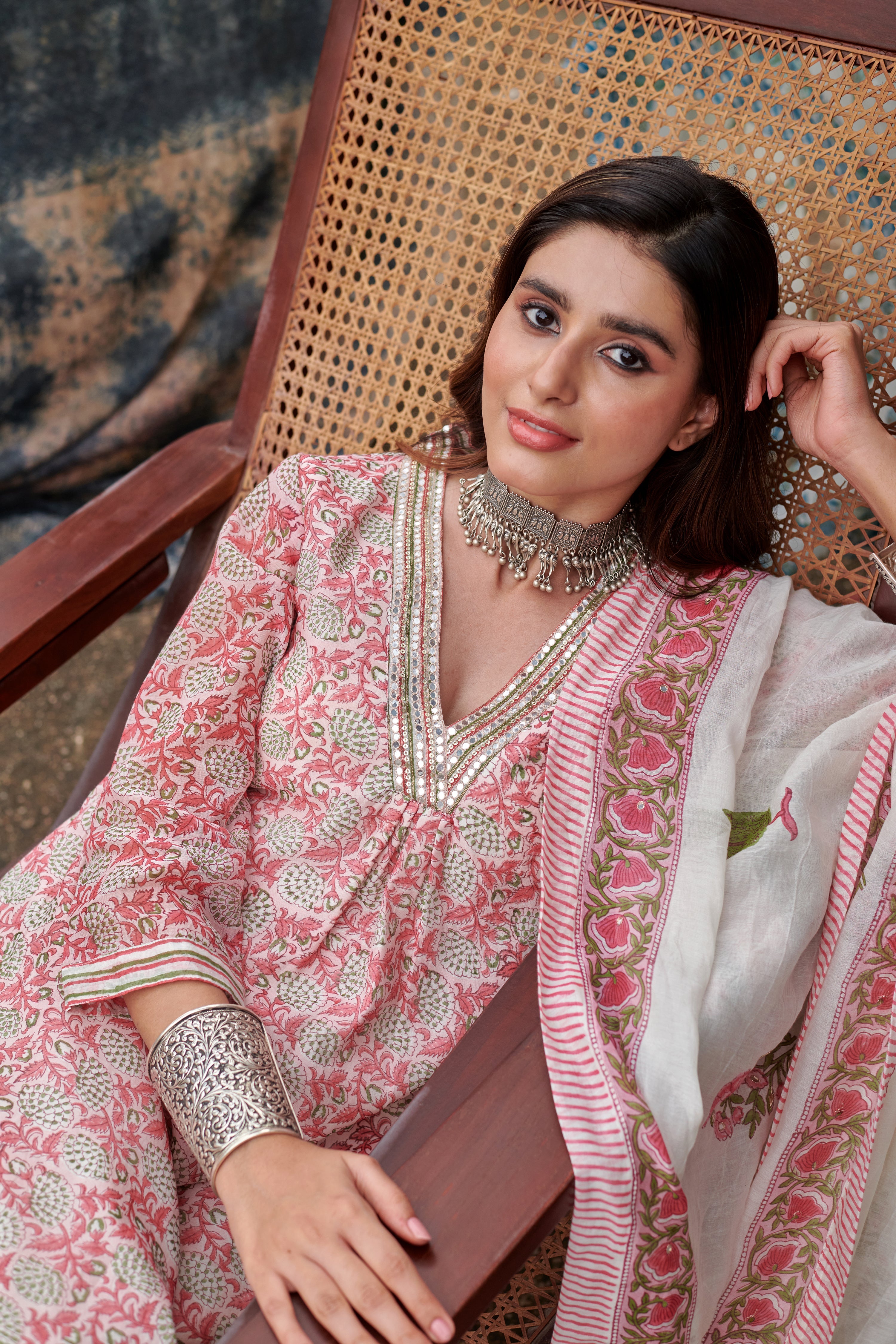 ROSE PINK JAAL PRINT CHANDERI KURTA SET