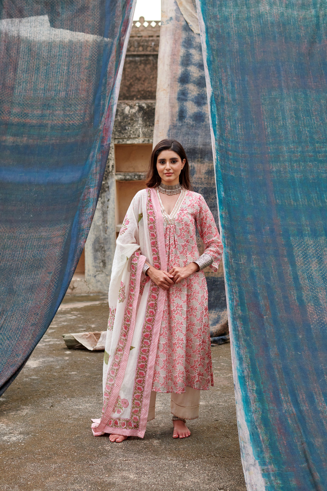 ROSE PINK JAAL PRINT CHANDERI KURTA SET