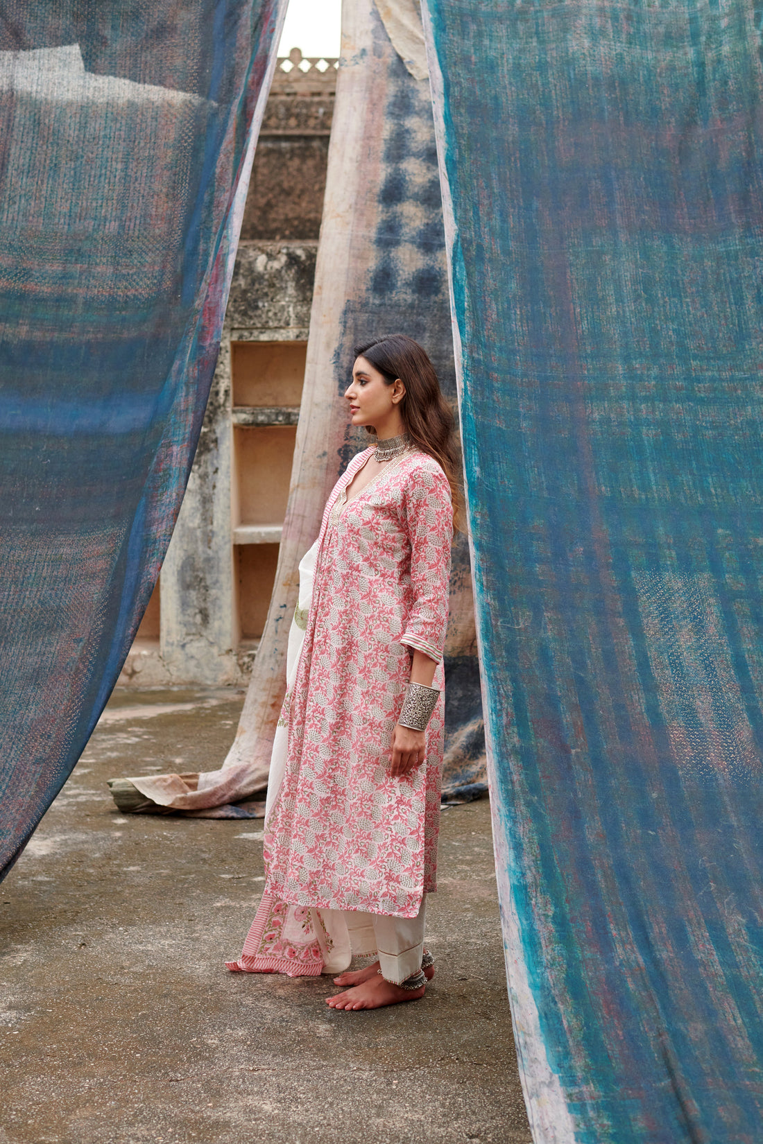 ROSE PINK JAAL PRINT CHANDERI KURTA SET