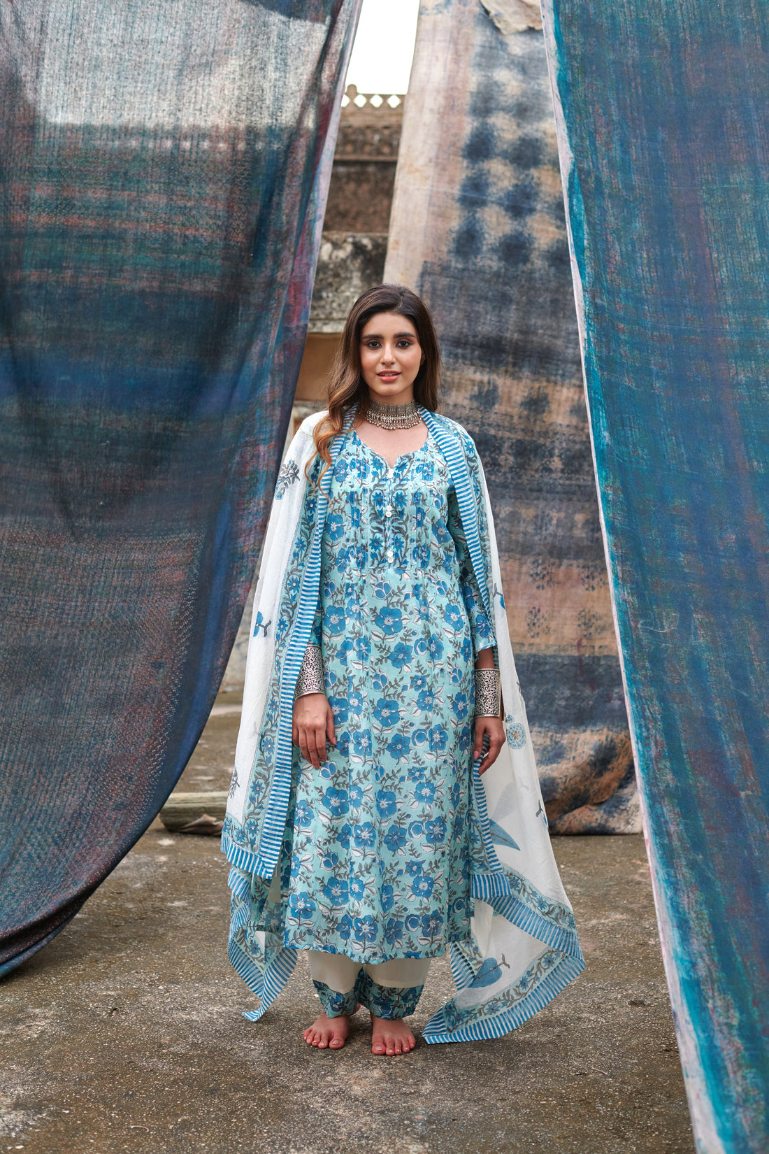 BLUE FLORAL JAAL PRINT KURTA SET