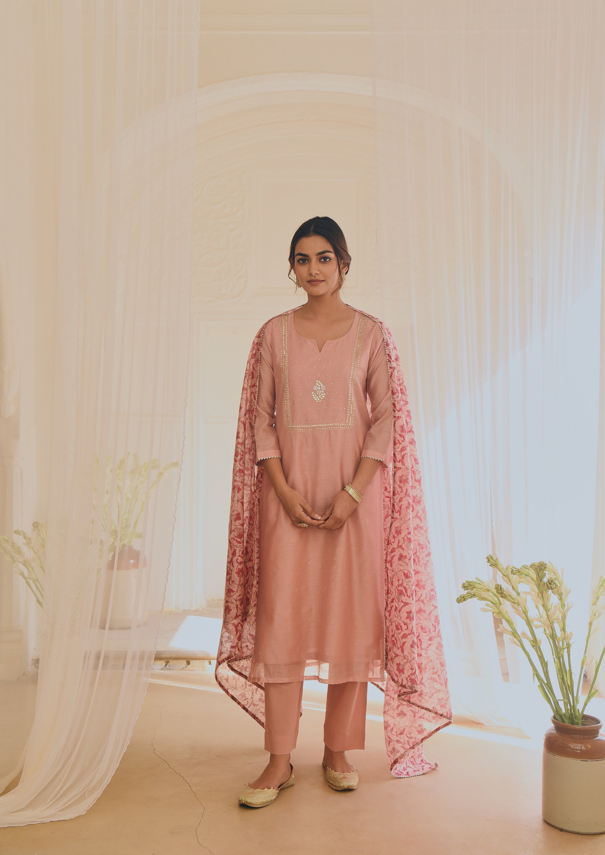 PINK STRAIGHT KURTA SET WITH CHANDERI DUPATTA