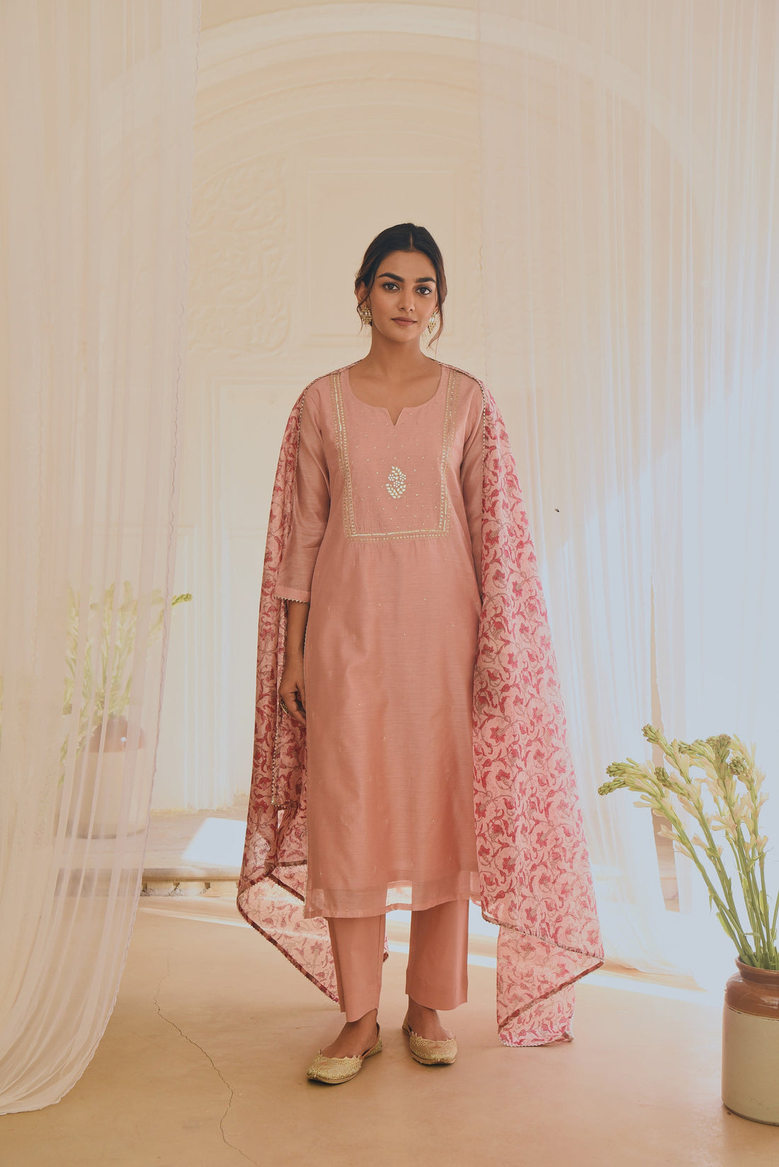 PINK STRAIGHT KURTA SET WITH CHANDERI DUPATTA