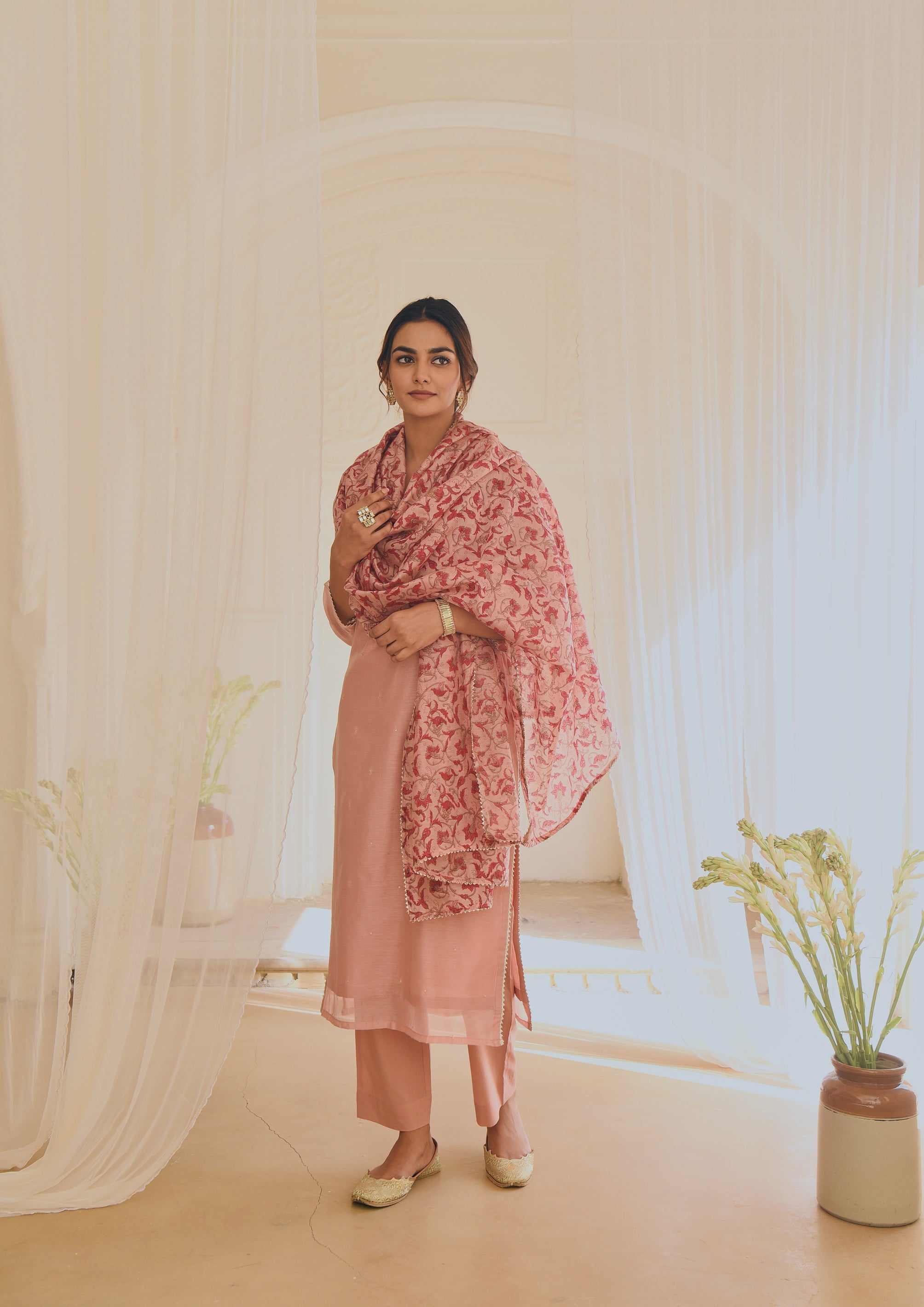 PINK STRAIGHT KURTA SET WITH CHANDERI DUPATTA