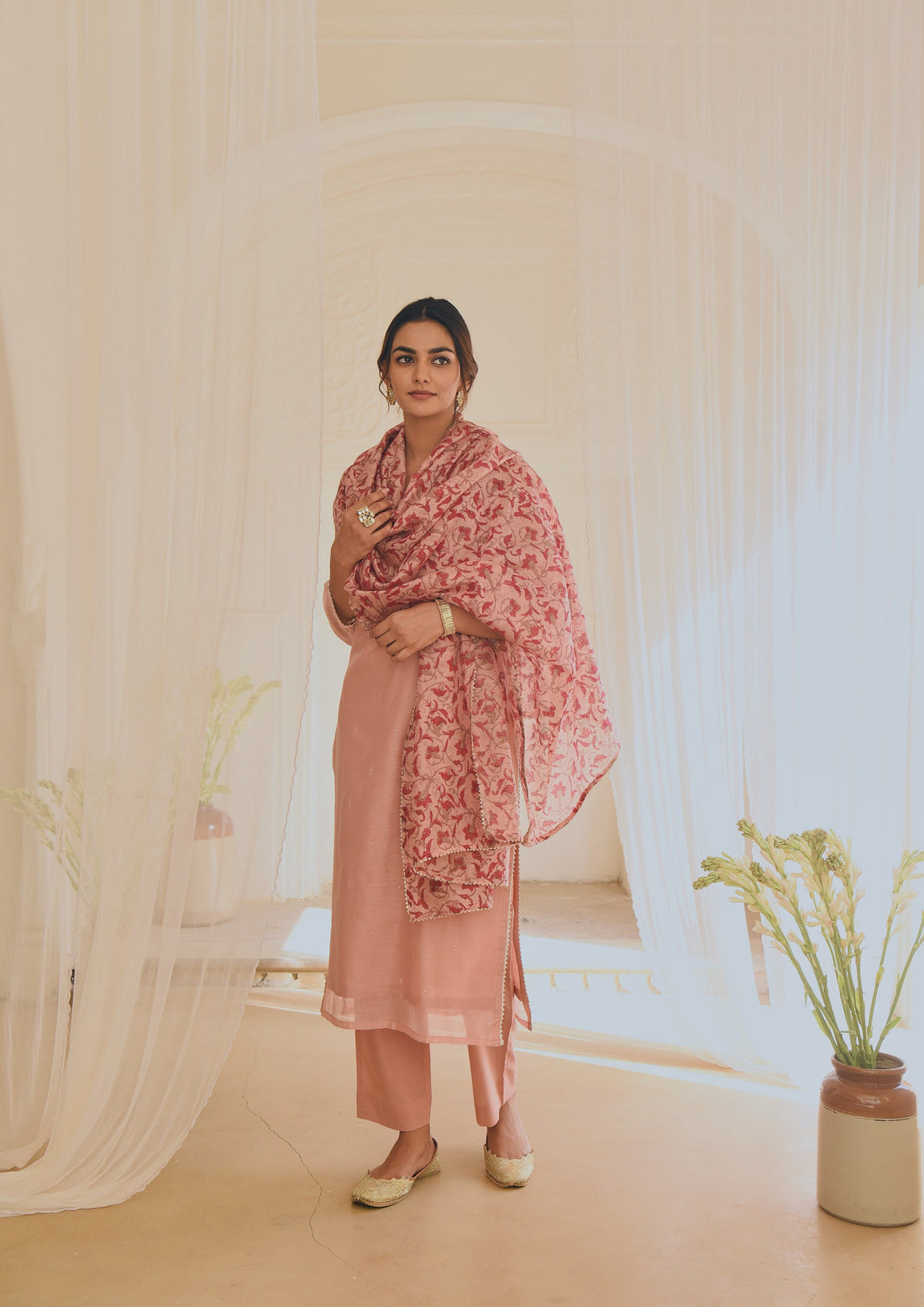 PINK STRAIGHT KURTA SET WITH CHANDERI DUPATTA