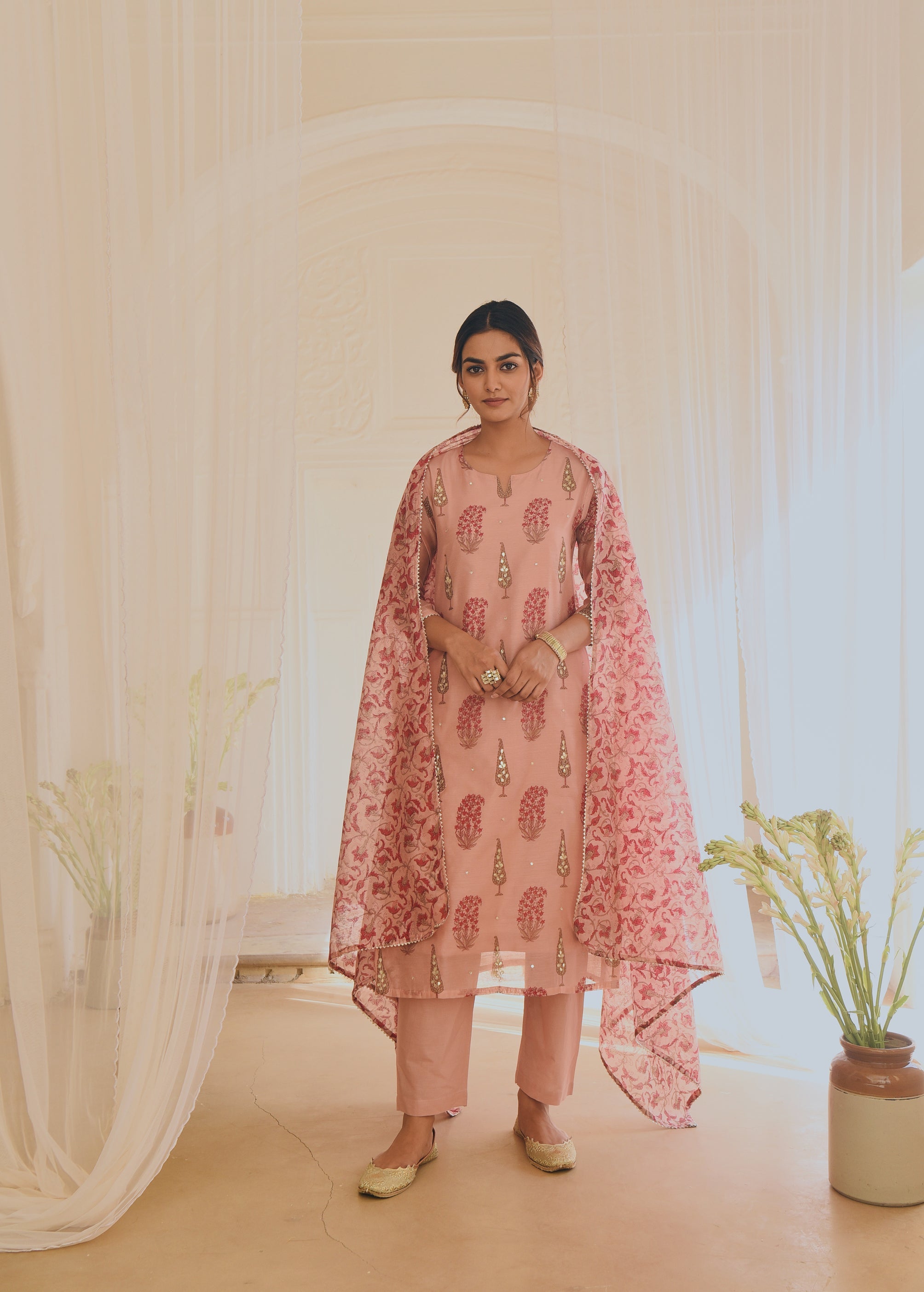PINK CHANDERI KURTA SET