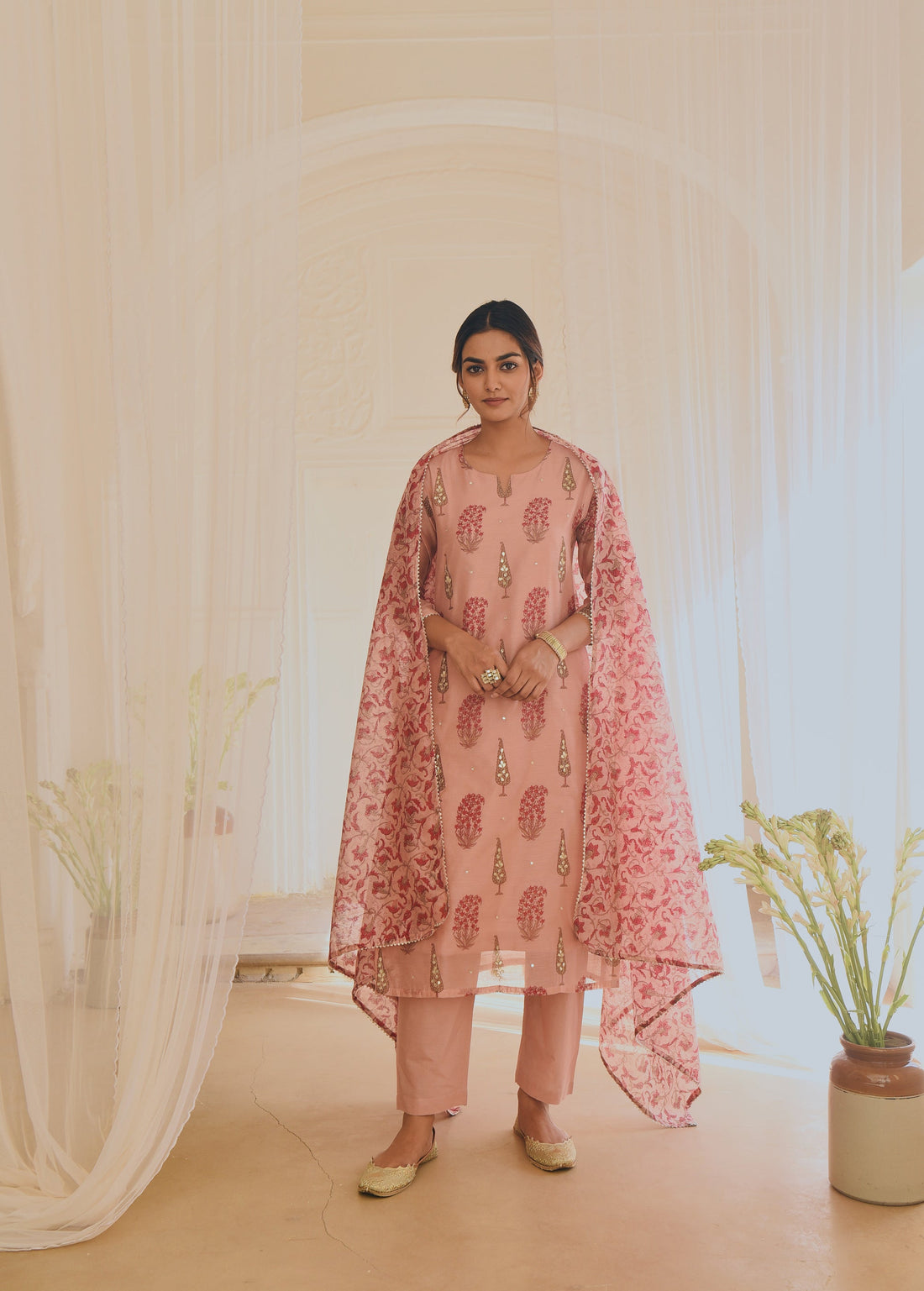 PINK CHANDERI KURTA SET