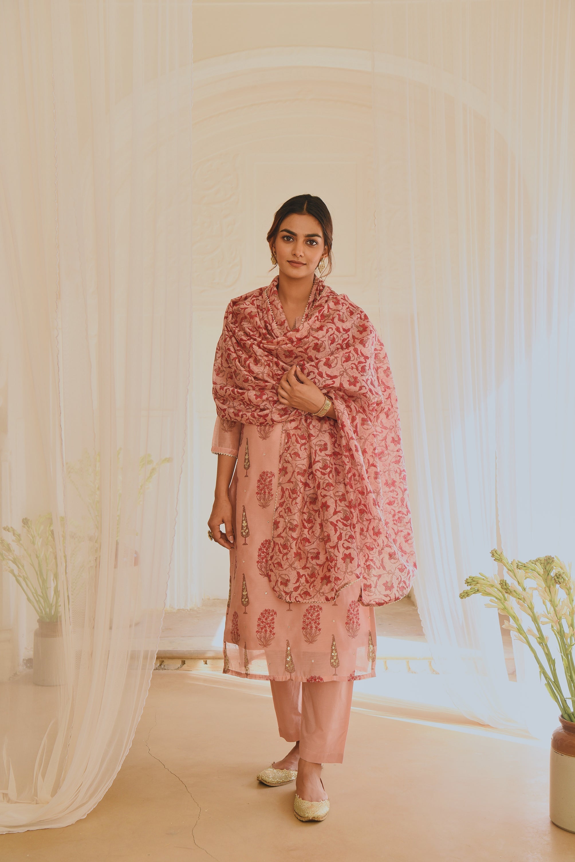 PINK CHANDERI KURTA SET